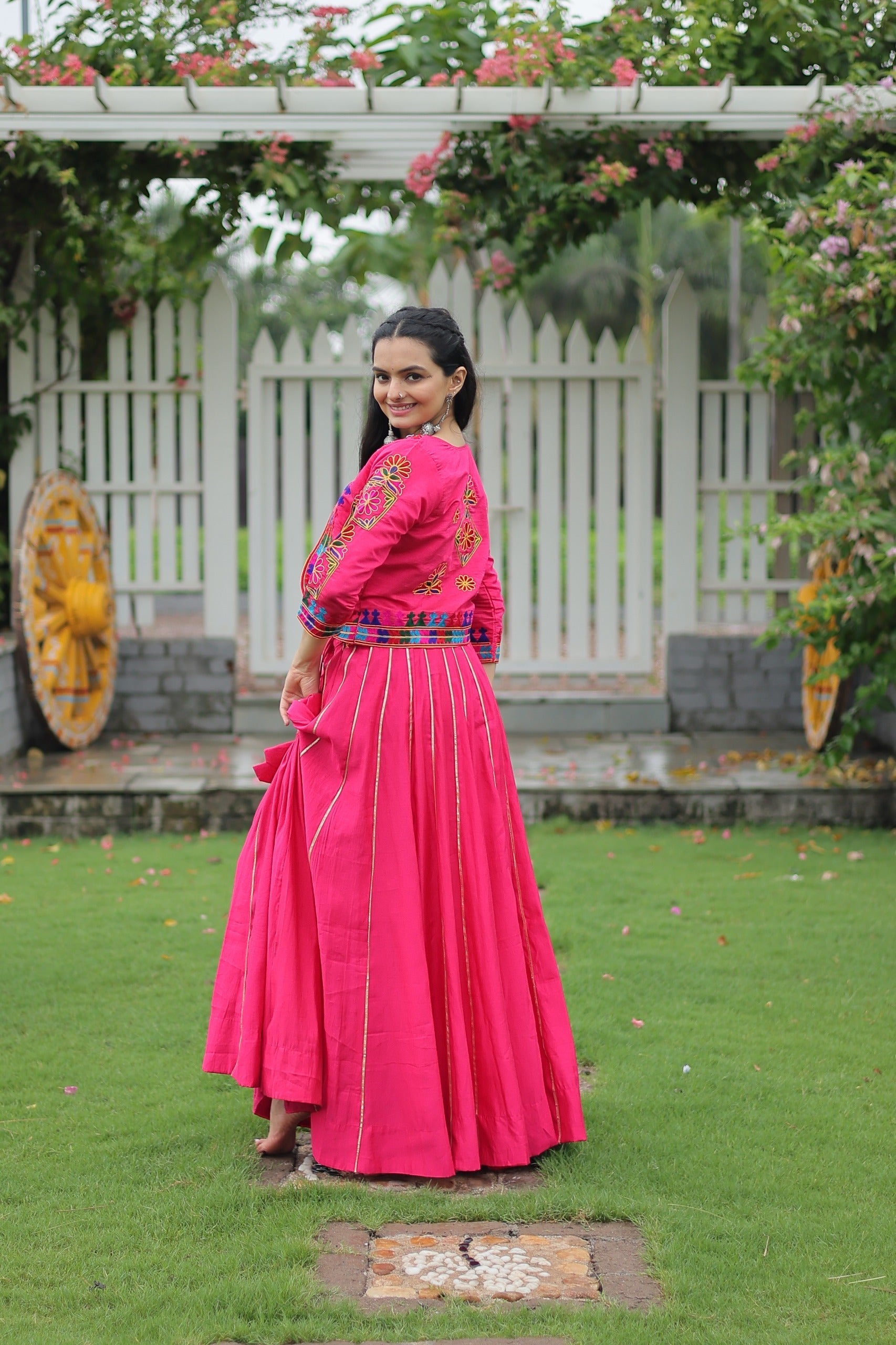 Evanik Navratri Pink Roamn Fabric With Kutchi Work Koti Style Blouse Stitched Lehenga Choli