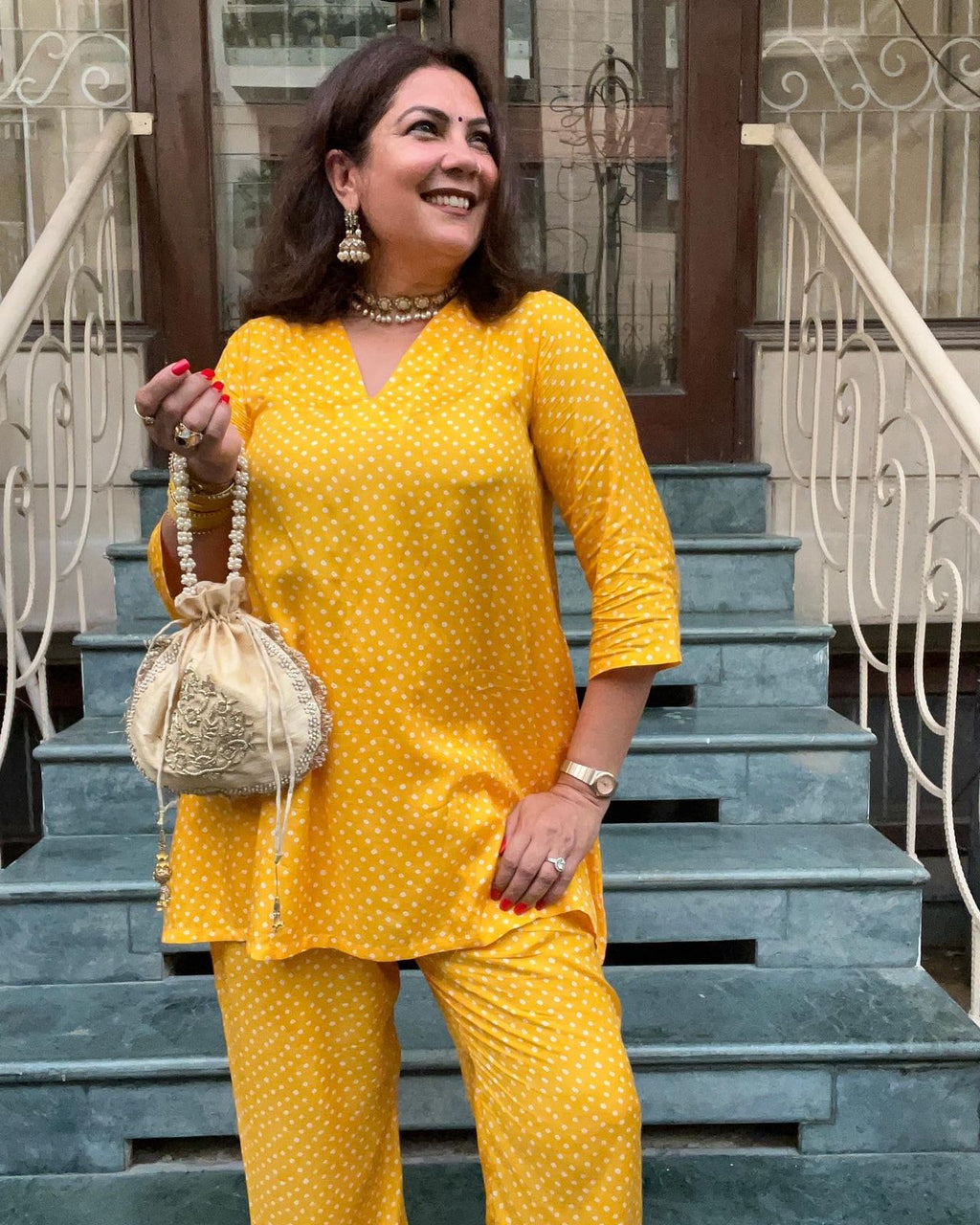 trueBrowns Yellow Bandhani Flare Printed Silk Co-Ord Set