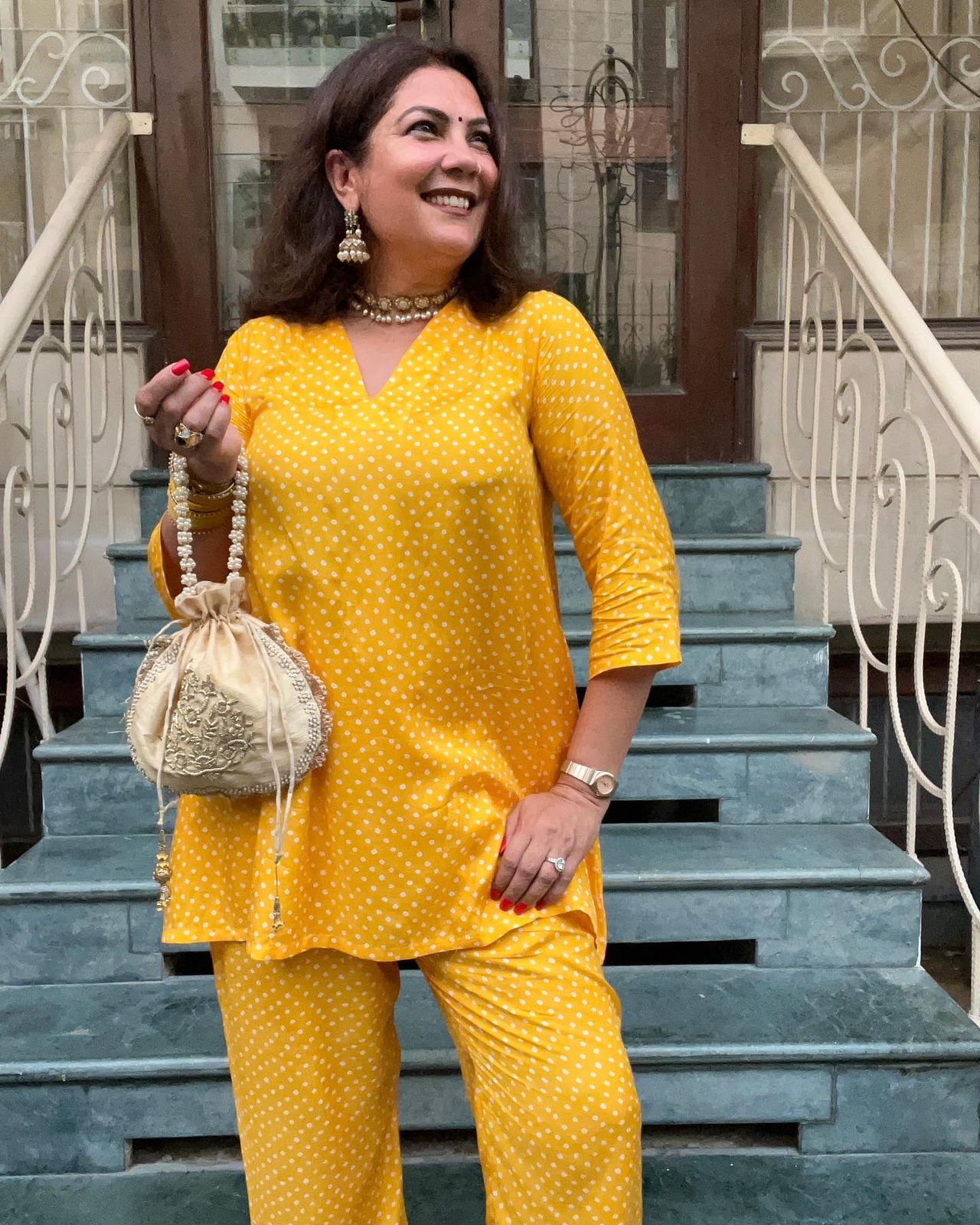 trueBrowns Yellow Bandhani Flare Printed Silk Co-Ord Set