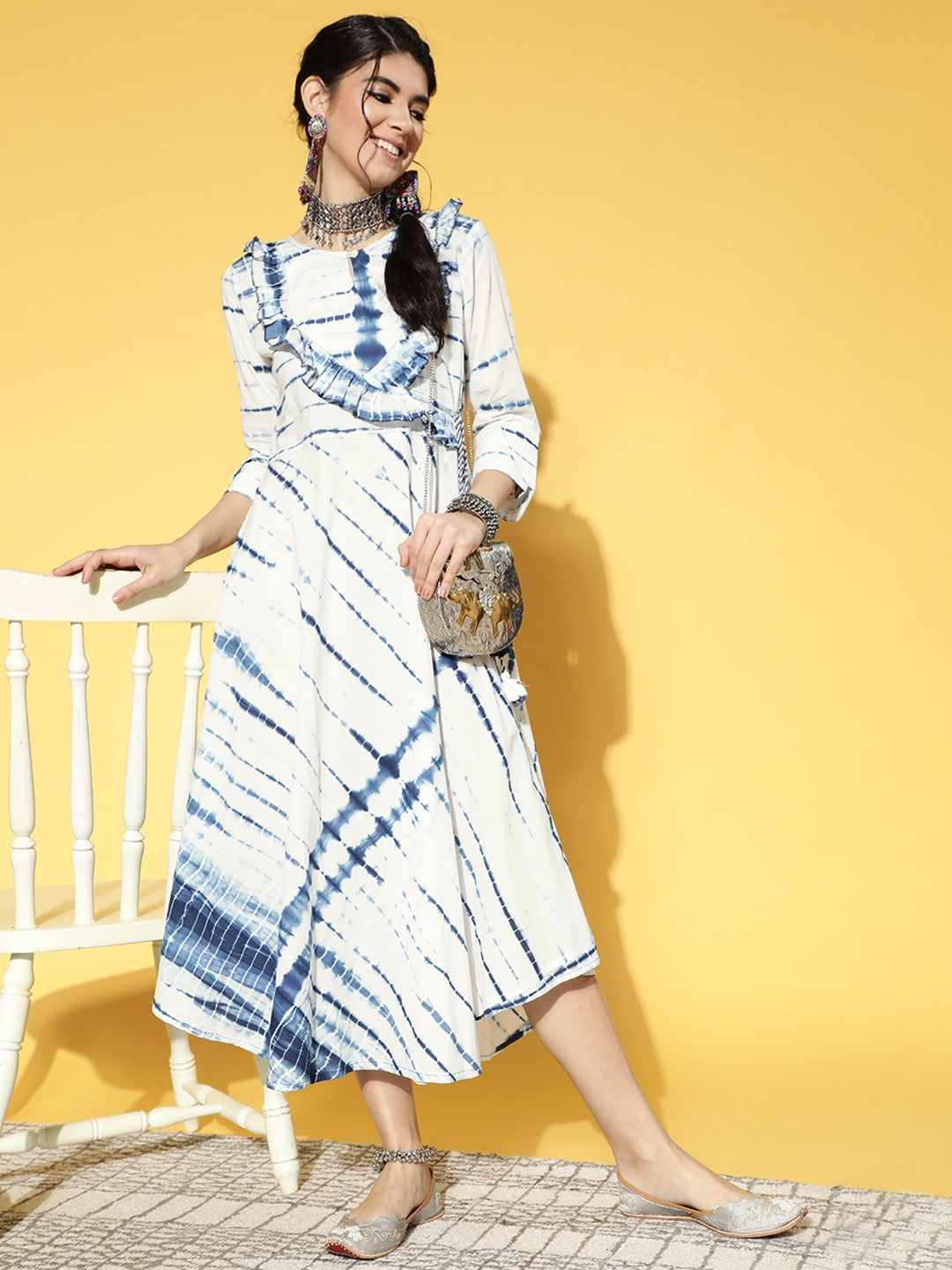 Yufta White & Blue Tie-Dyed Dress