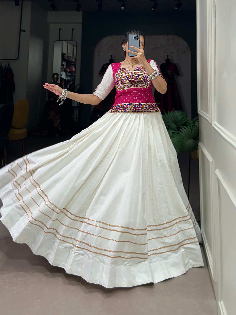 Lorenvalley White Pure Cotton Plain With Gota Patti Touch Up Lehenga Choli