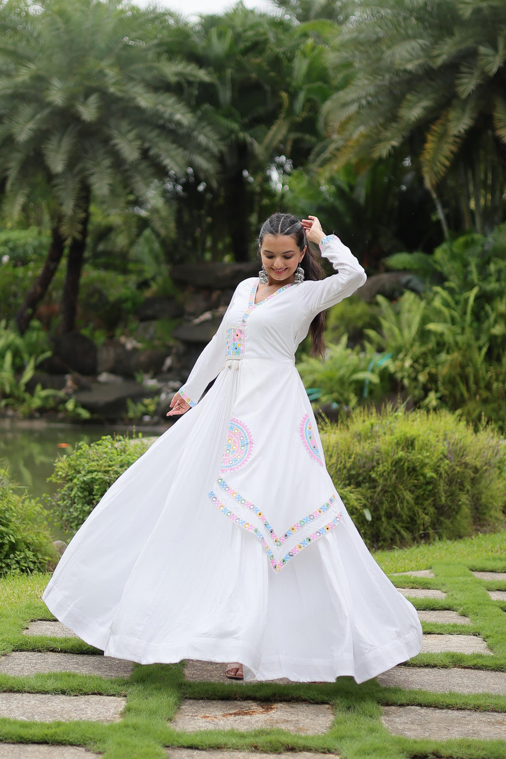 Lorenvalley White Rayon Fabric With Kutchi Gamthi Lace Gown
