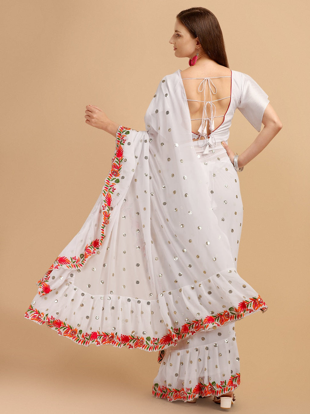 Evanik White Embroidered Work Ruffled Saree With Unstitched Blouse