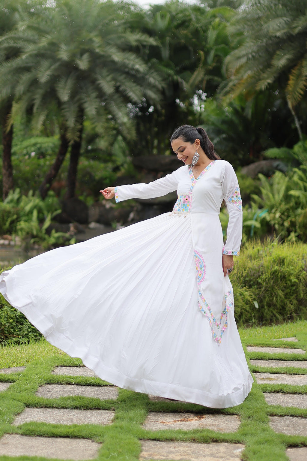 Lorenvalley White Rayon Fabric With Kutchi Gamthi Lace Gown