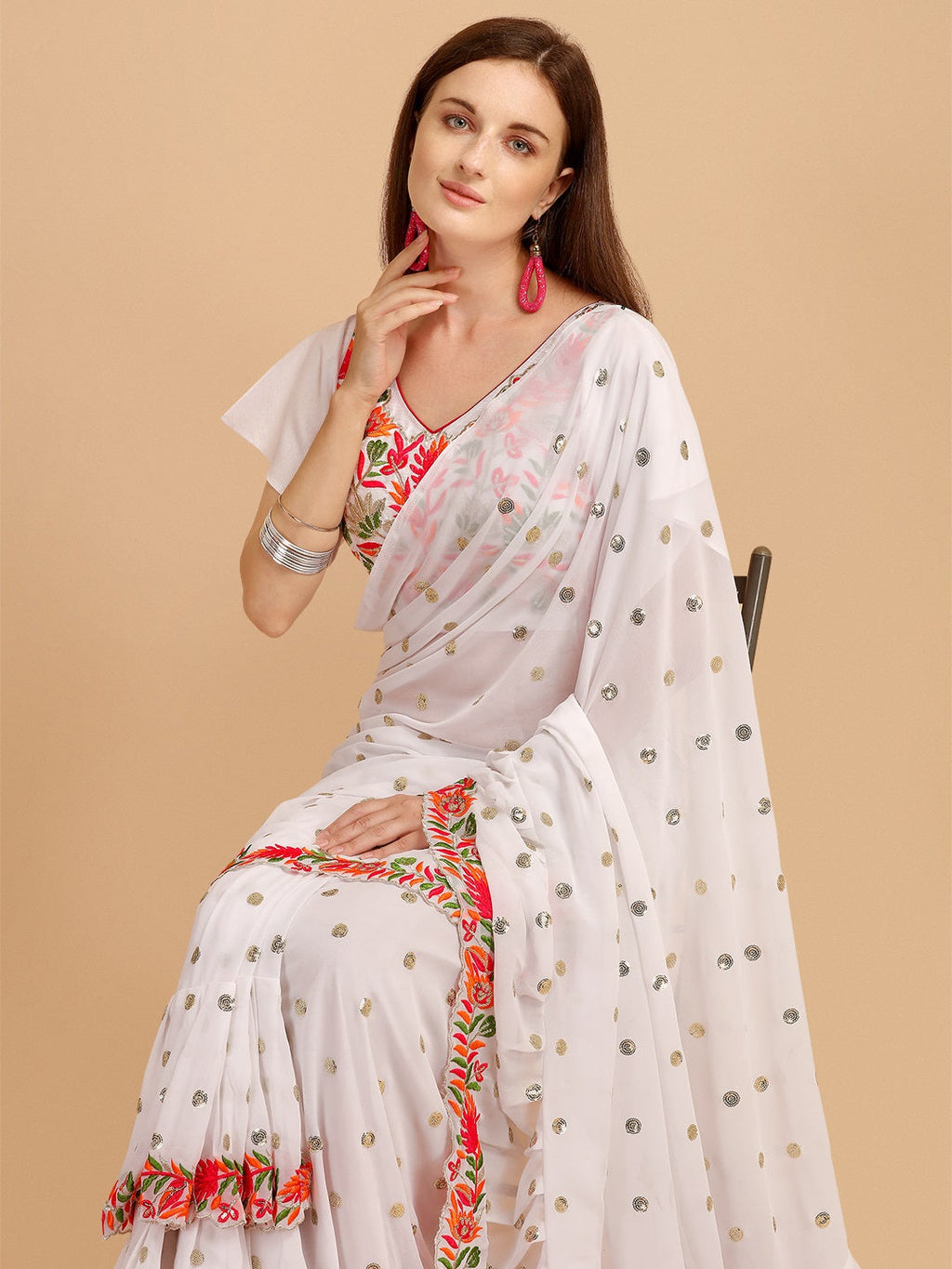 Evanik White Embroidered Work Ruffled Saree With Unstitched Blouse