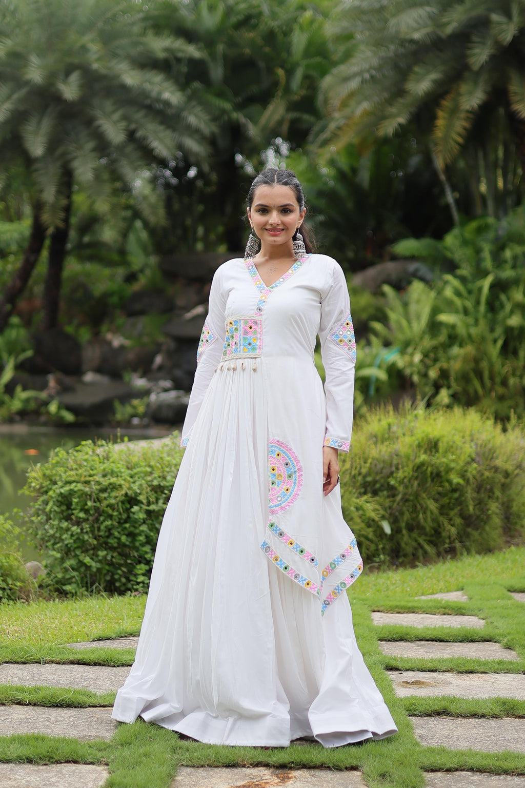 Lorenvalley White Rayon Fabric With Kutchi Gamthi Lace Gown