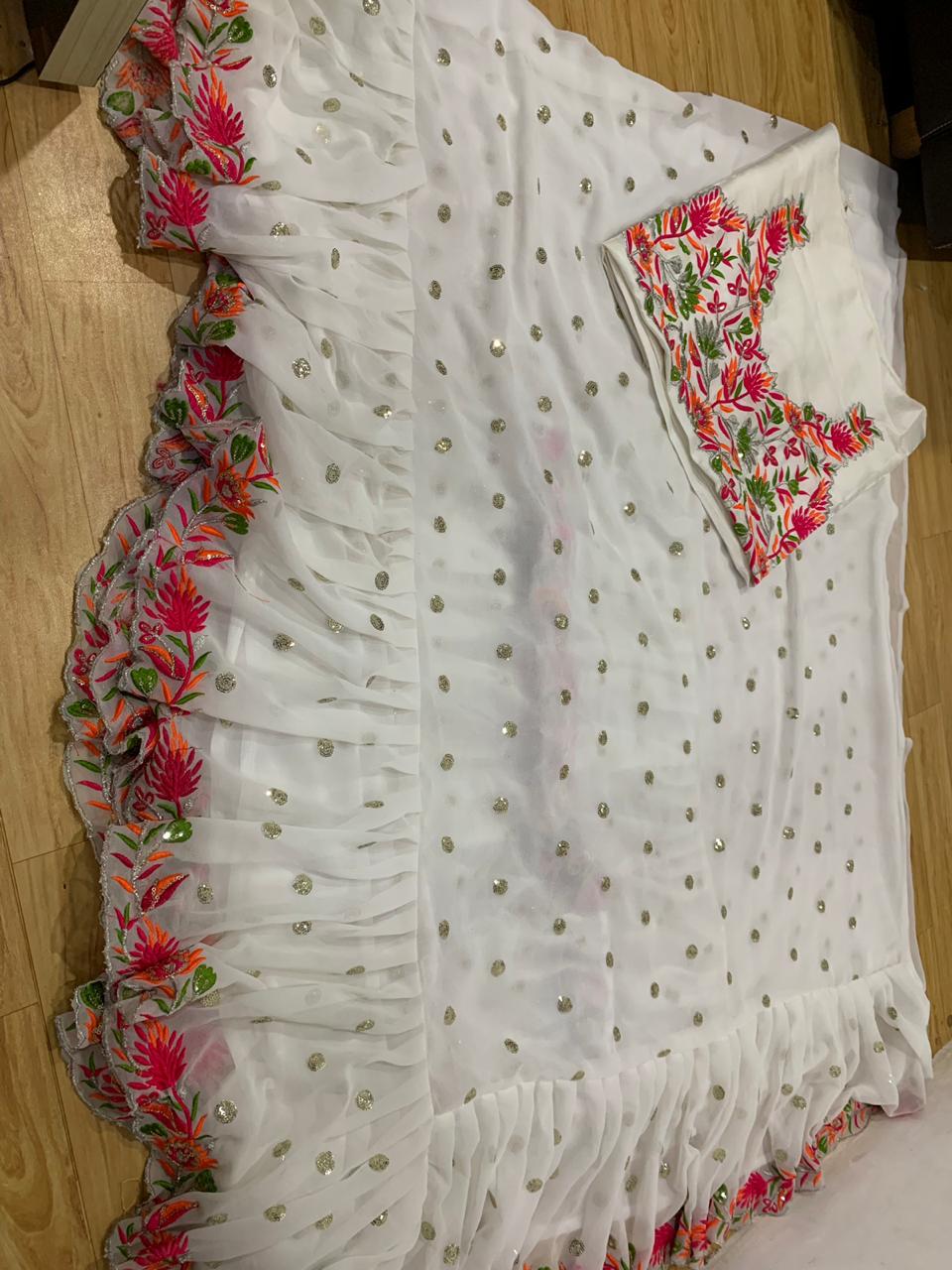 Evanik White Embroidered Work Ruffled Saree With Unstitched Blouse