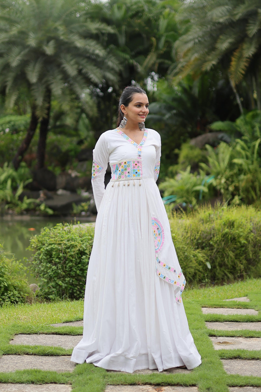 Lorenvalley White Rayon Fabric With Kutchi Gamthi Lace Gown