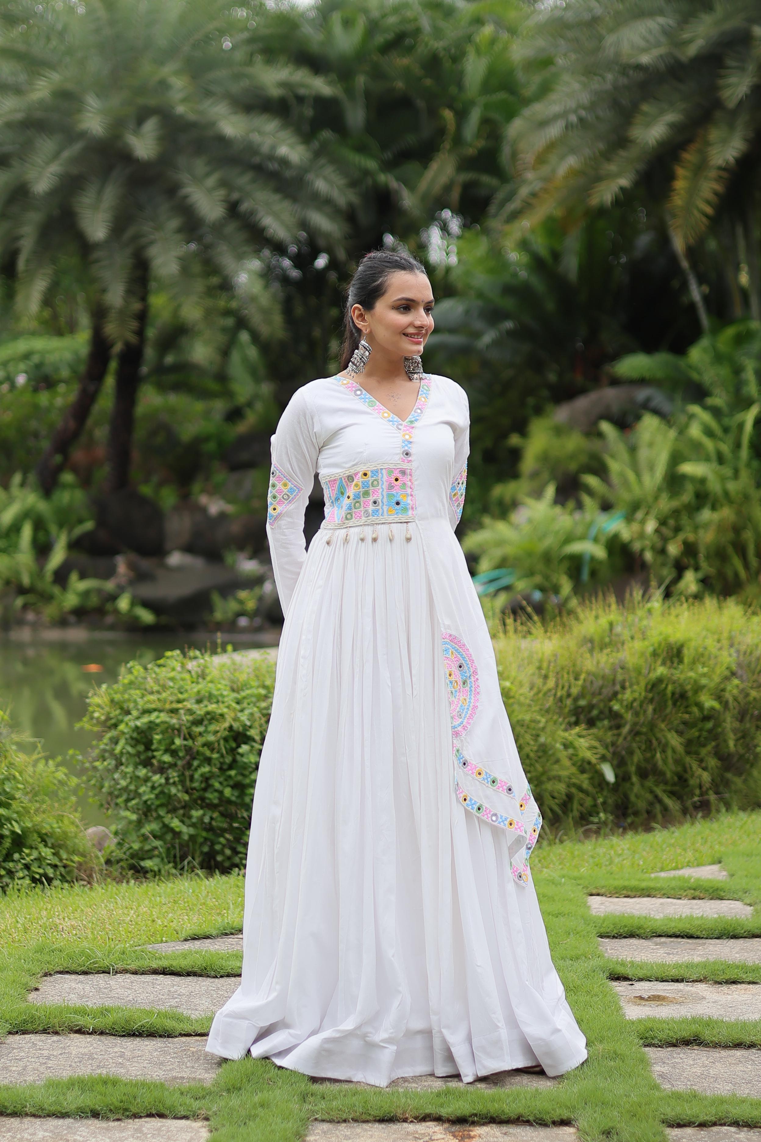 Lorenvalley White Rayon Fabric With Kutchi Gamthi Lace Gown