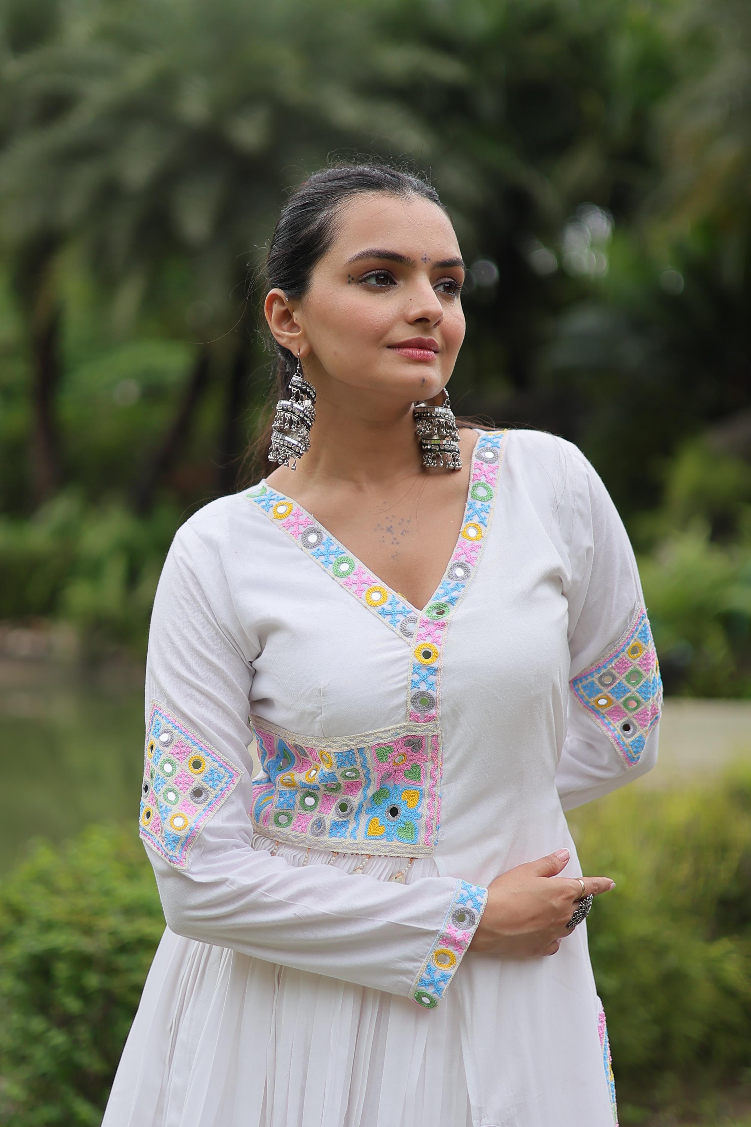 Lorenvalley White Rayon Fabric With Kutchi Gamthi Lace Gown