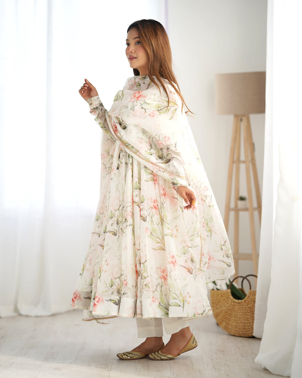 Lorenvalley White Soft Organza Silk With Floral Print Fully Flared Anarkali Pant With Dupatta Set