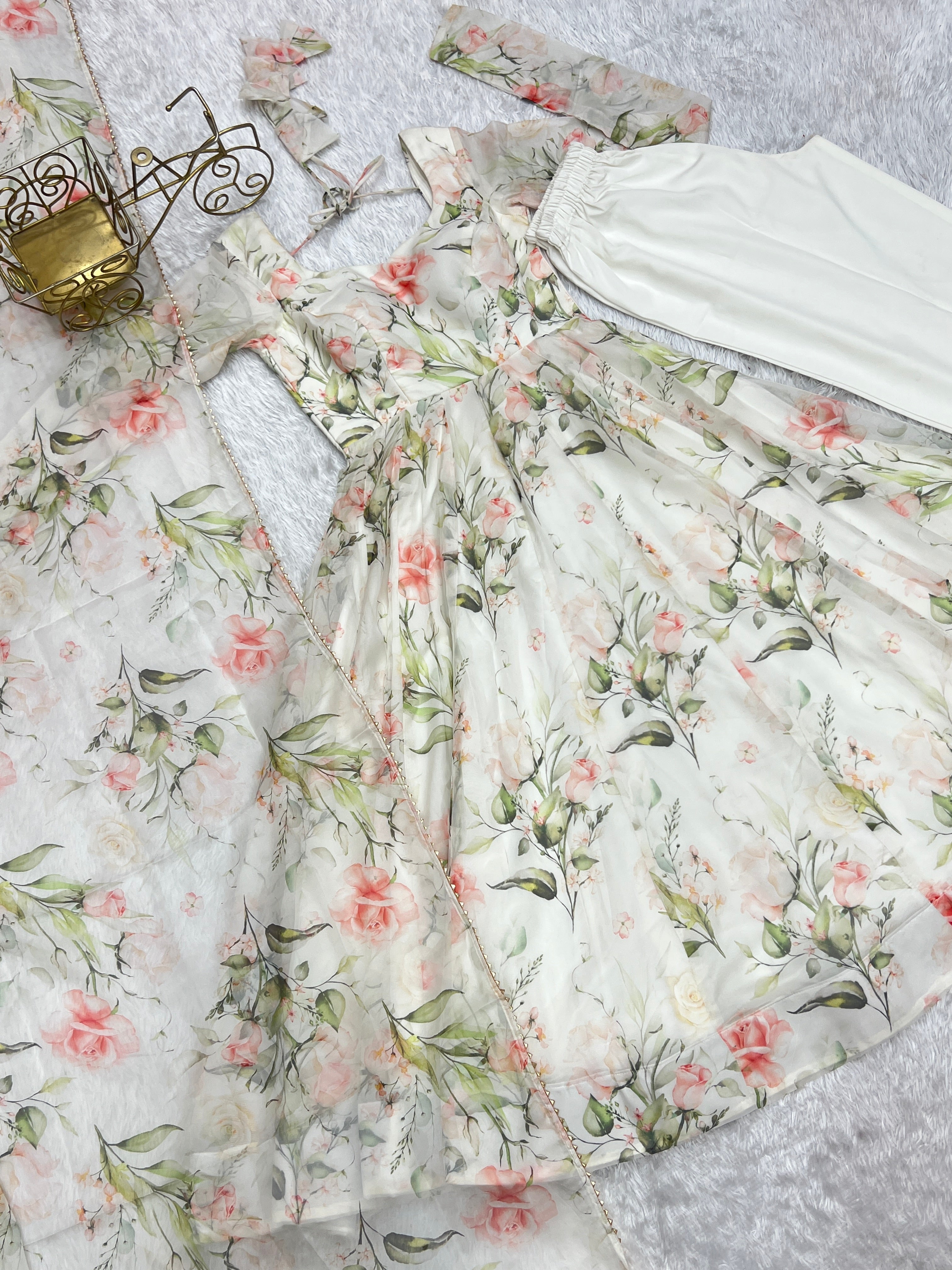 Lorenvalley White Soft Organza Silk With Floral Print Fully Flared Anarkali Pant With Dupatta Set