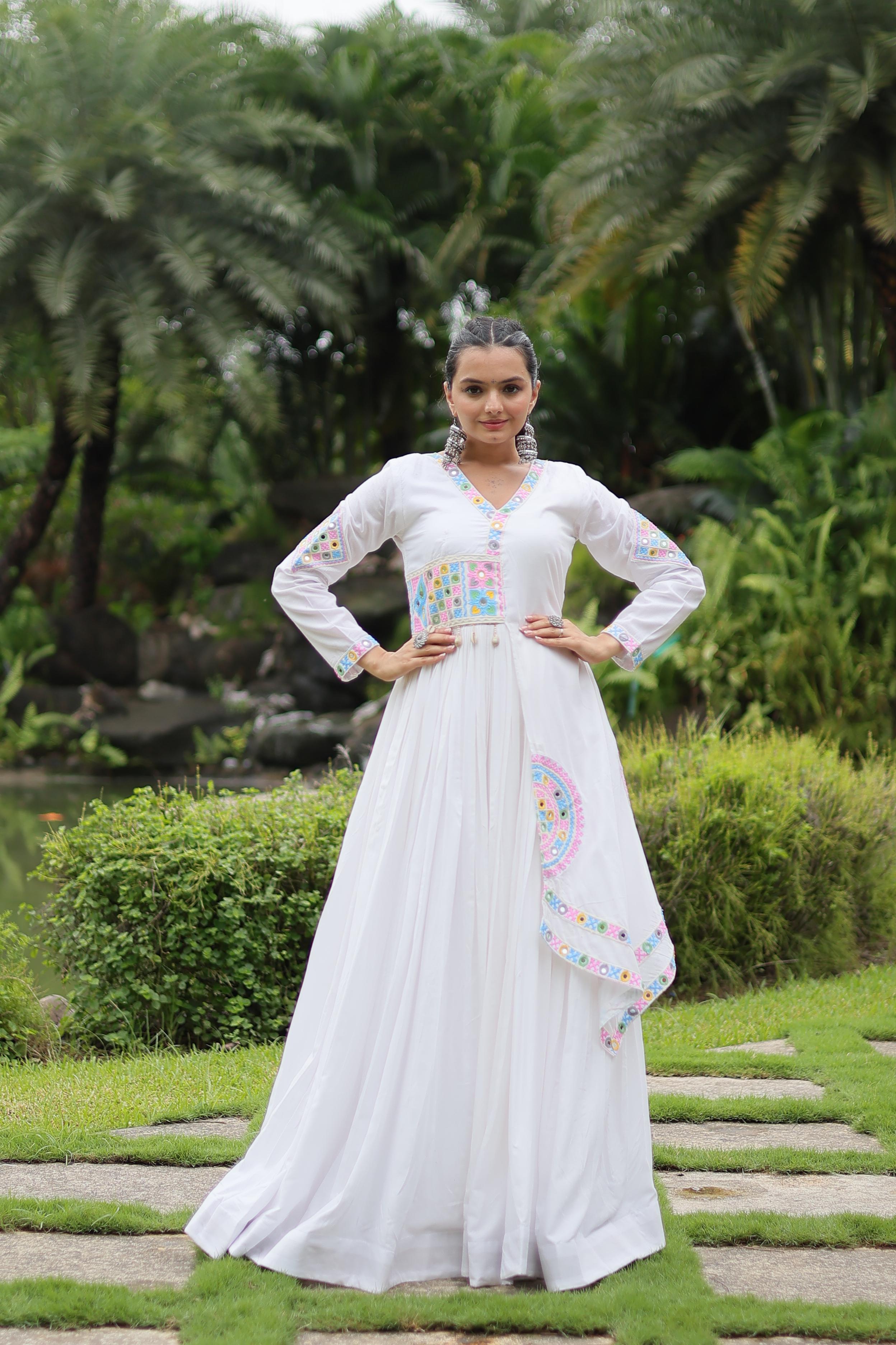 Lorenvalley White Rayon Fabric With Kutchi Gamthi Lace Gown