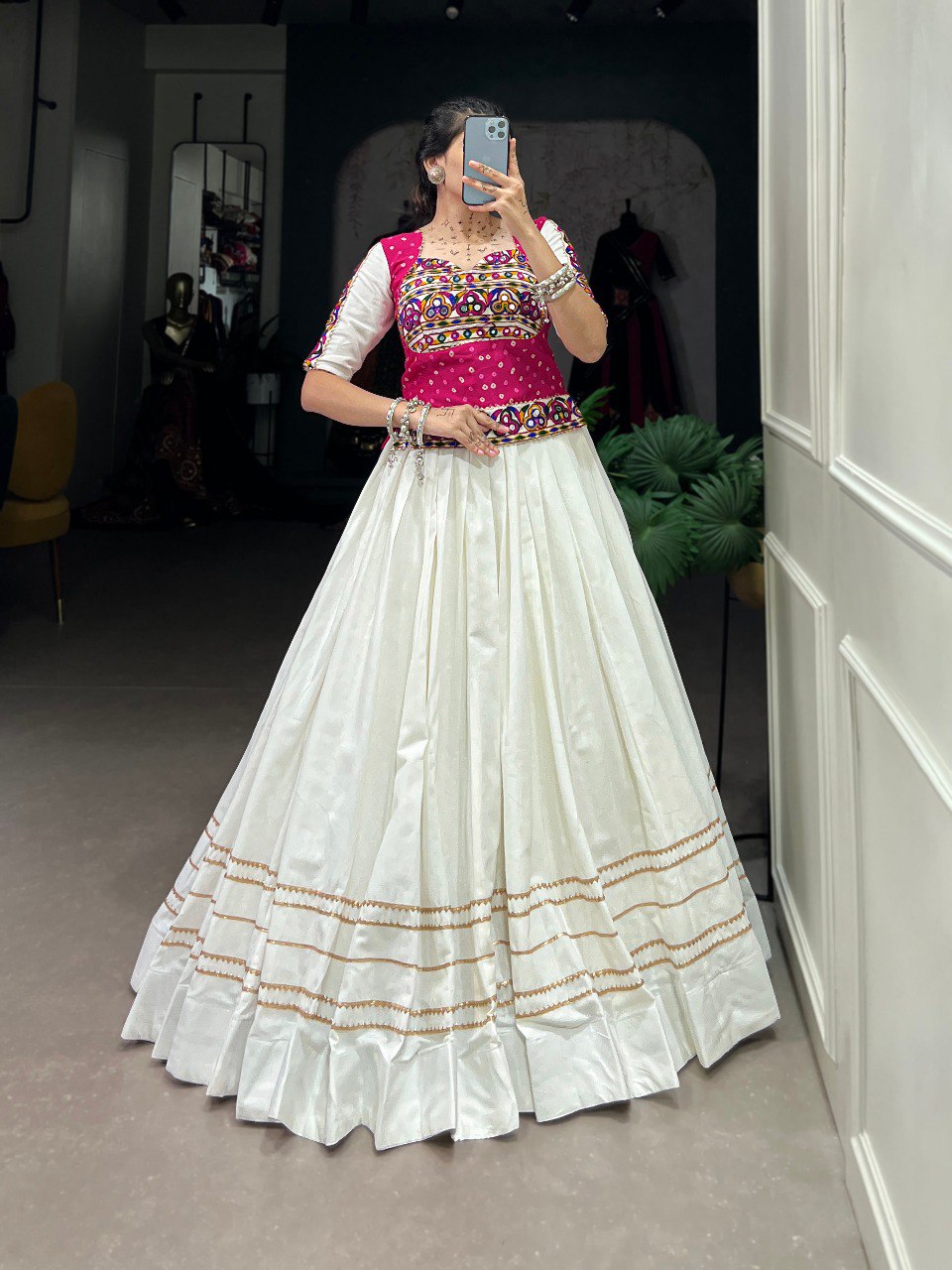 Lorenvalley White Pure Cotton Plain With Gota Patti Touch Up Lehenga Choli