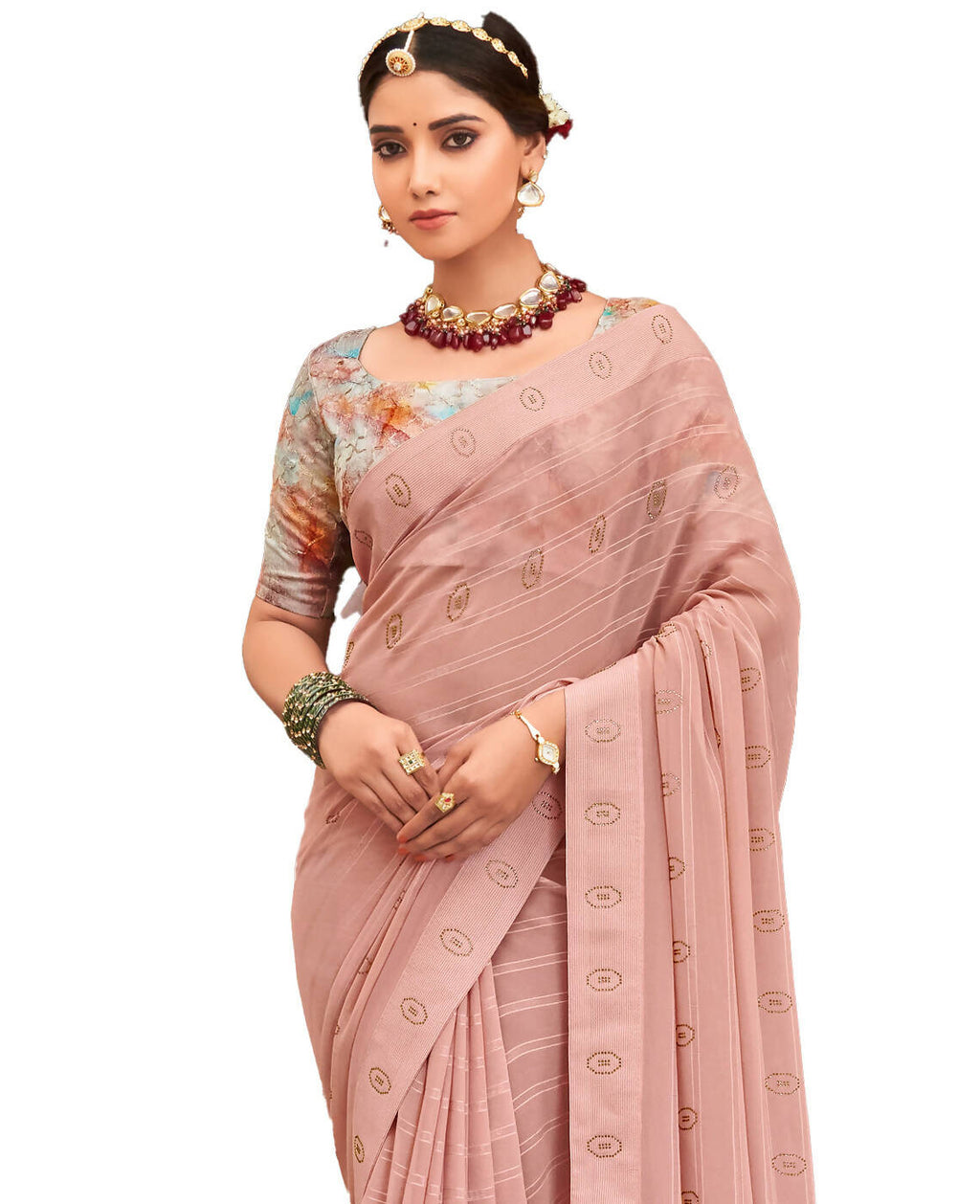 Peach Georgette Swaroski Work Saree With Unstitched Blouse Piece - Juhi