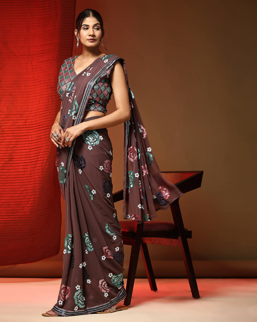 Brown Pure Georgette Sequence work Ready to wear Saree with stitched Blouse - Nirvana