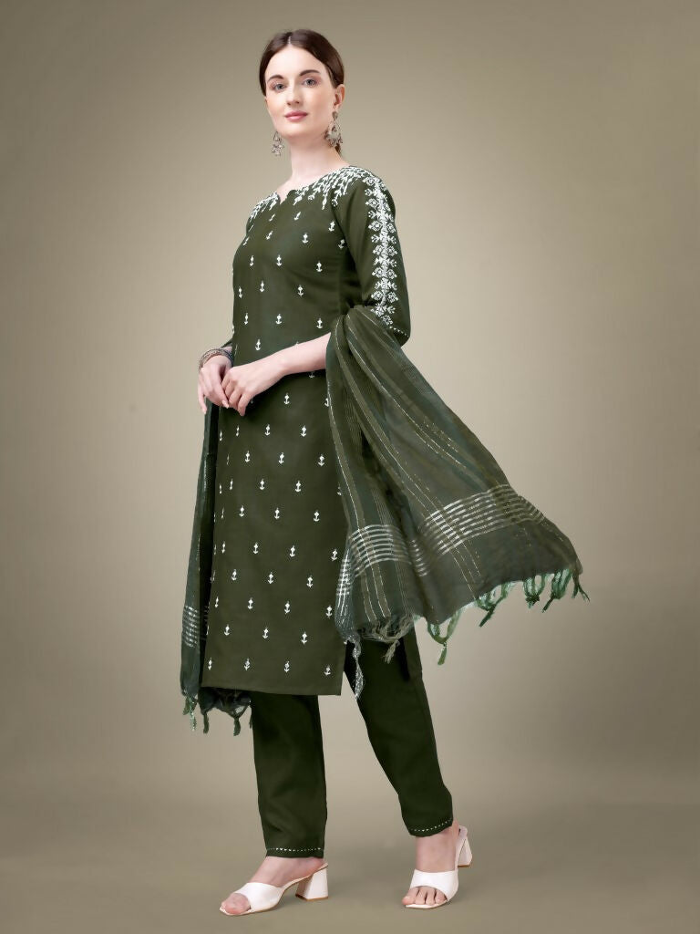 Jyoti Fashion Women's Dark Green Cotton Blend Embroidery & Sequence work Kurta with Trouser & Dupatta