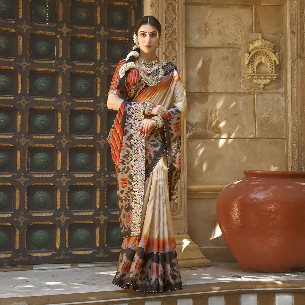 Beige Bhagalpuri Silk Pure Gota Work Saree With Unstitched Blouse - Norita Gajri