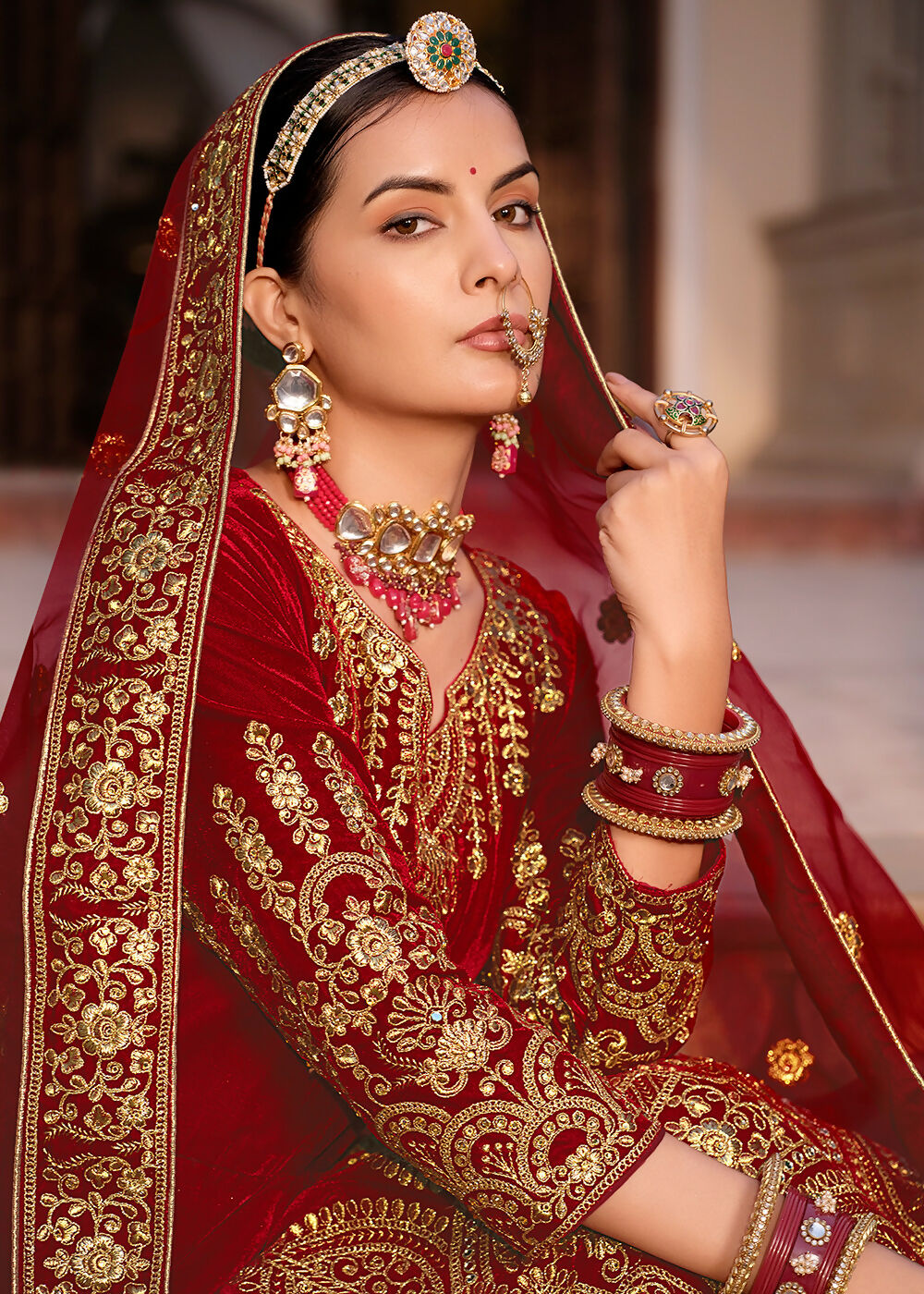 Maroon Velvet Front & Back Embroidery Wedding Anarkali Suit - Emponline