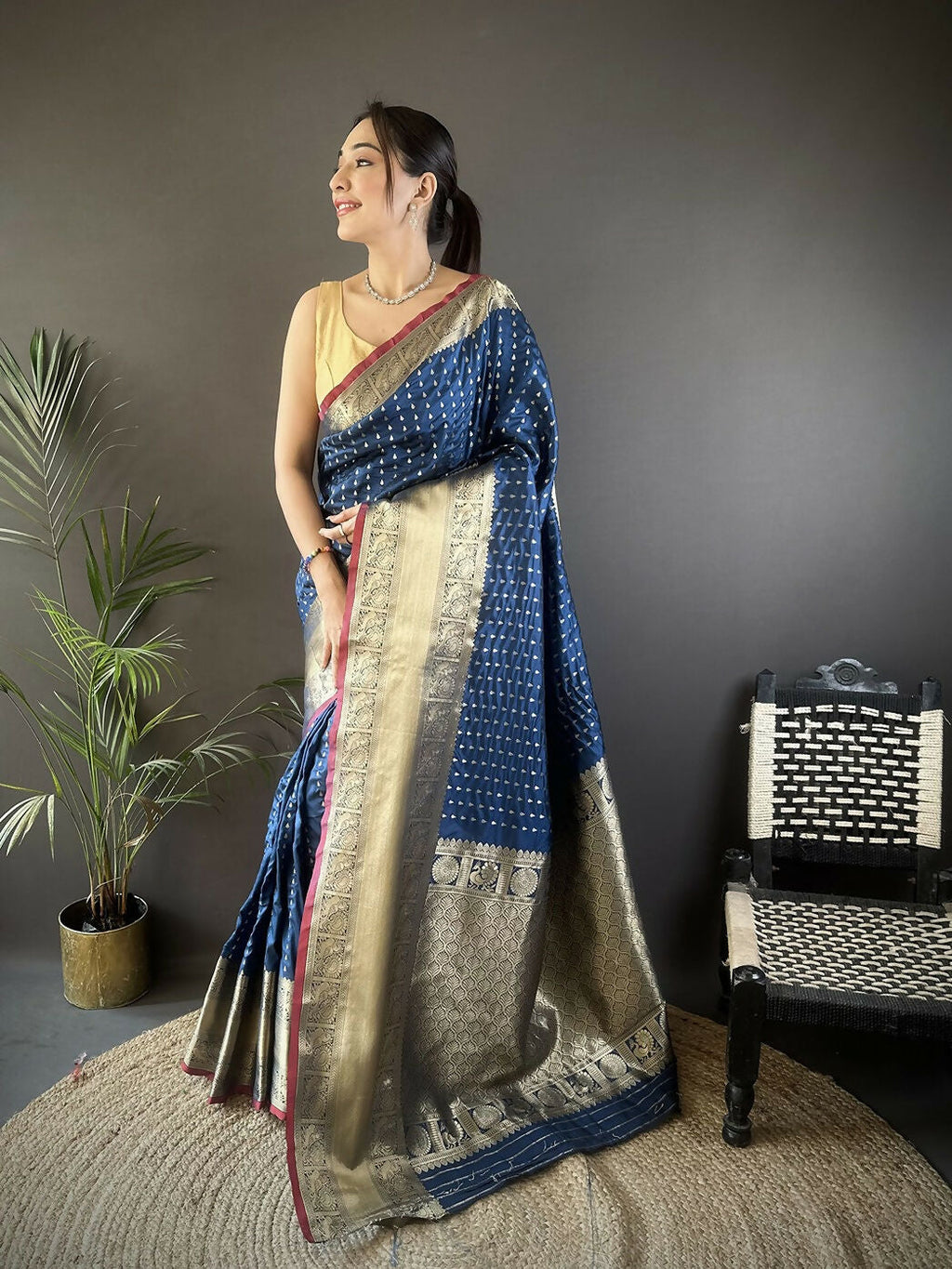 Joban Fashion Navy Blue Small Butti Banarasi Silk Sarees