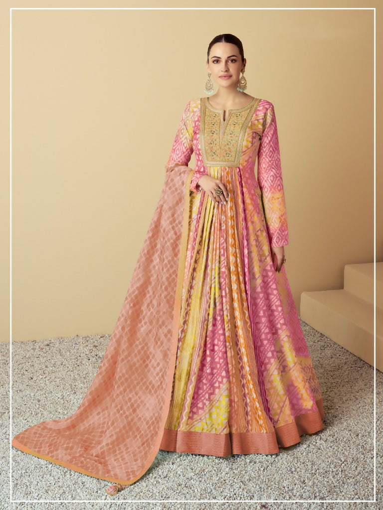 Vastranavya Pink Muslin Printed Sequins Beads Work Abaya Style Anarkali Suit