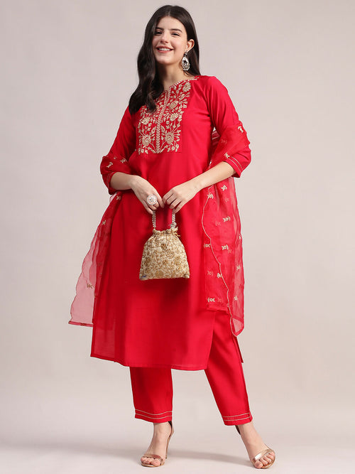 Aavyora Women's Red Embroidered Roman Silk Kurta, Palazzo & Organza Dupatta Set