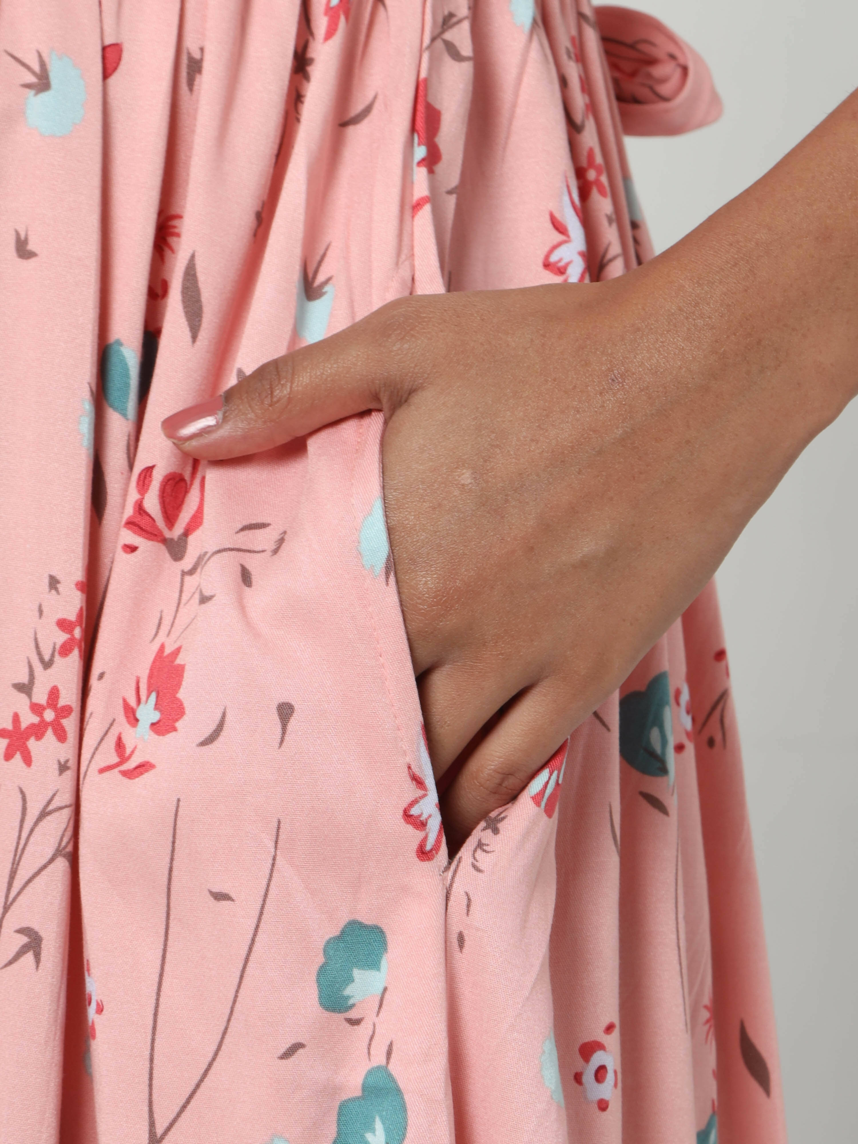 Manet Three Fourth Maternity Dress Floral Print With Concealed Zipper Nursing Access - Peach