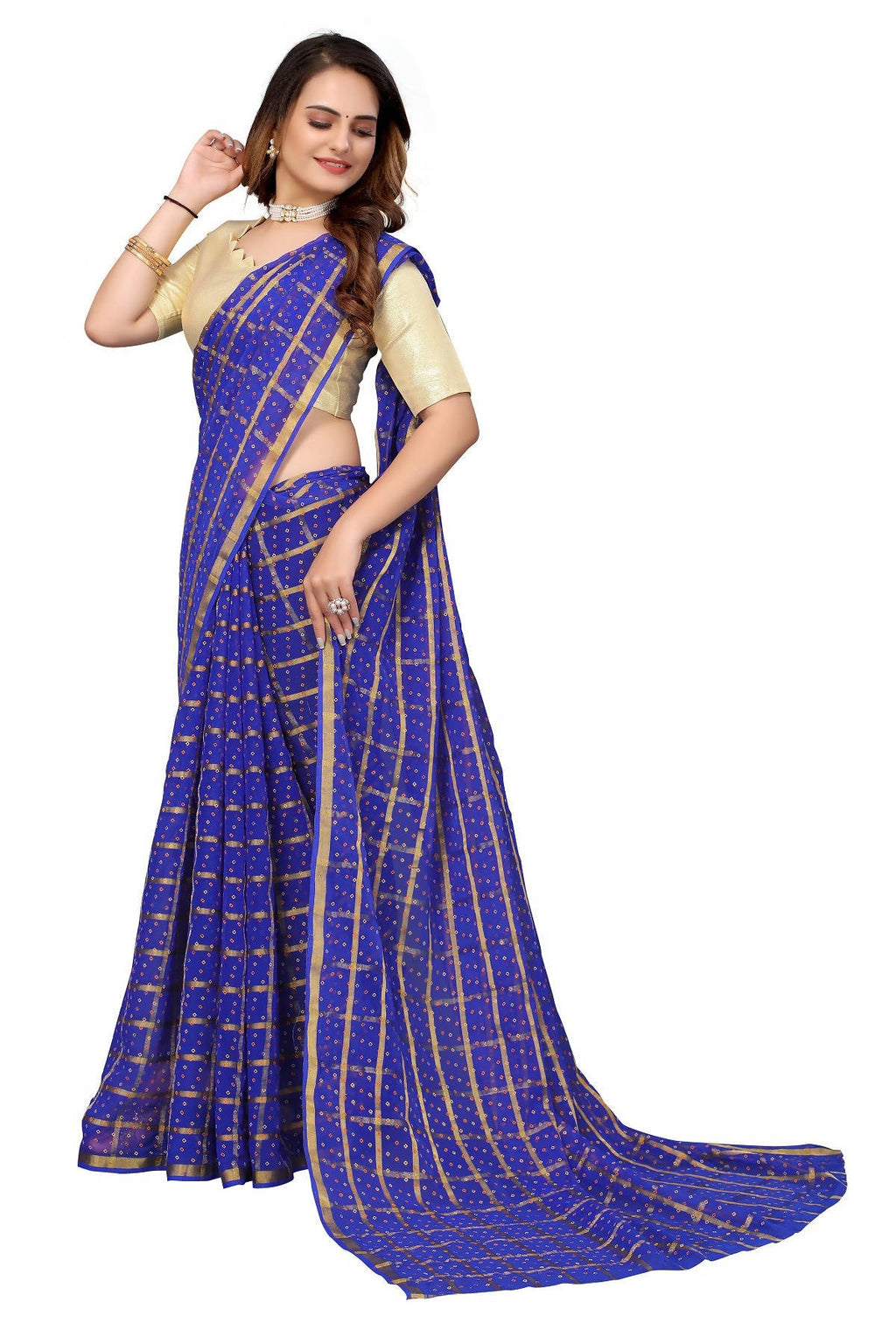 Vamika Ethnic Fire Blue Jari Work Chiffon Saree