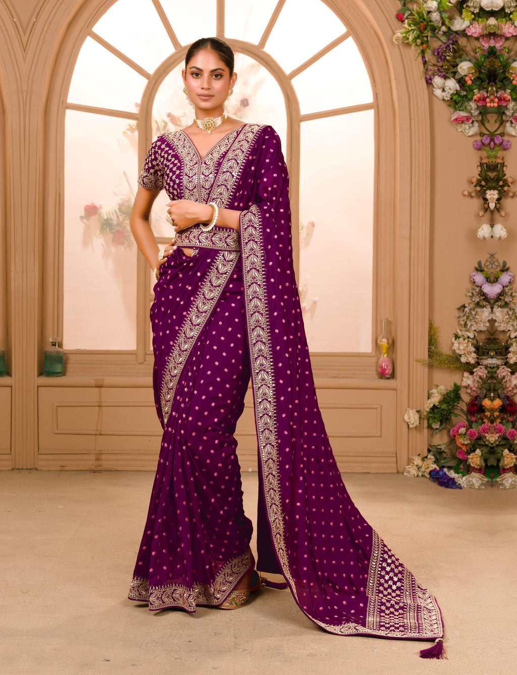 Teeya Creation Wine Color Chinnon Silk Heavy Embroidery Work Saree