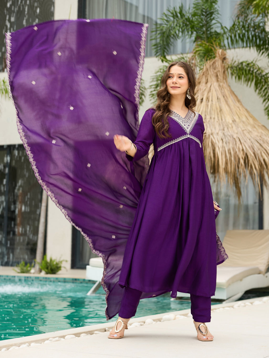 The52 Beautiful Embroidered Vichitra Silk Fabric Pleated Kurta, Pant and Dupatta Set