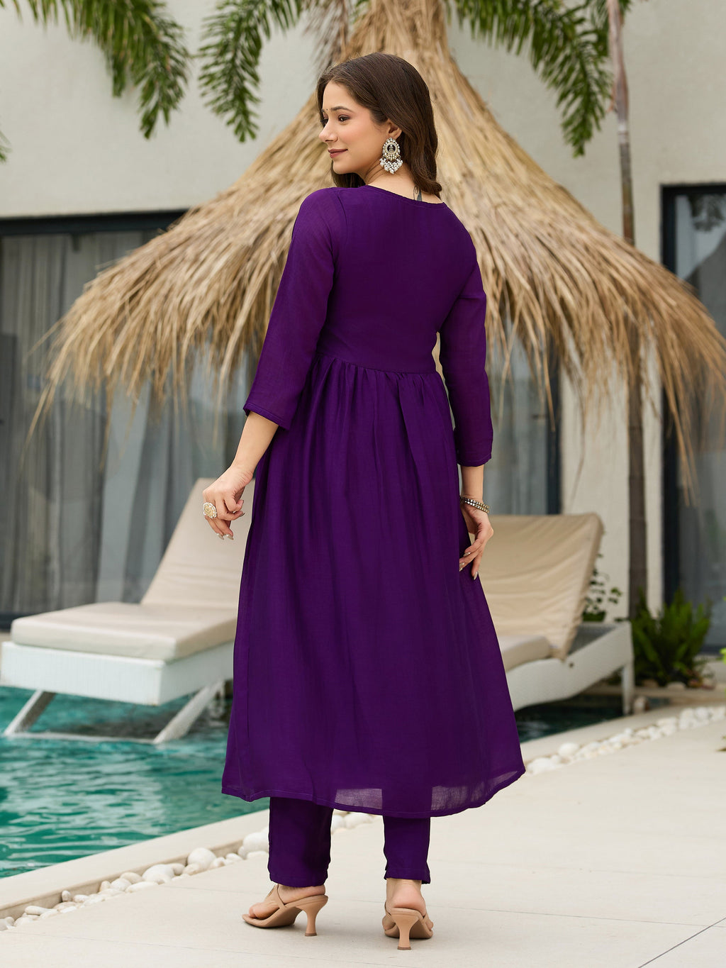 The52 Beautiful Embroidered Vichitra Silk Fabric Pleated Kurta, Pant and Dupatta Set