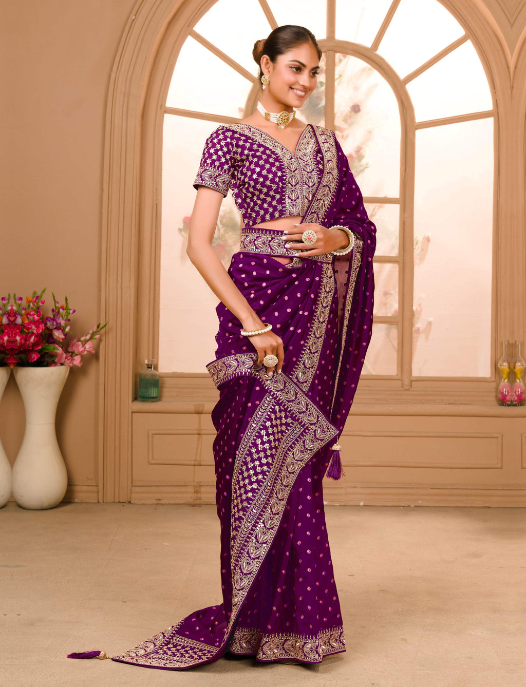 Teeya Creation Wine Color Chinnon Silk Heavy Embroidery Work Saree