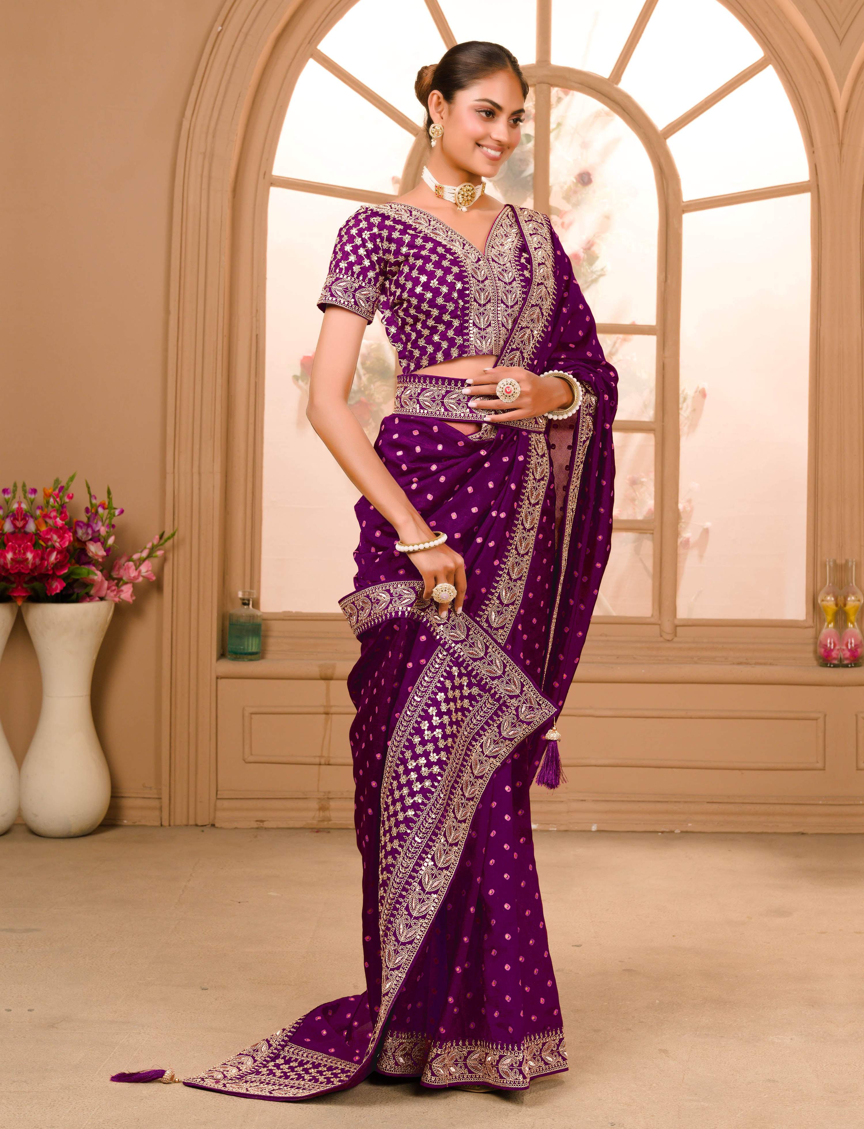 Teeya Creation Wine Color Chinnon Silk Heavy Embroidery Work Saree