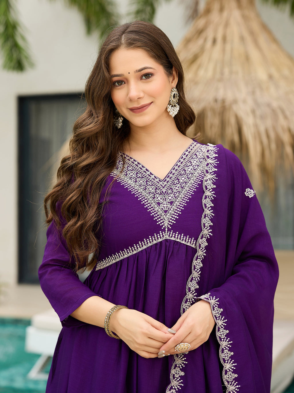 The52 Beautiful Embroidered Vichitra Silk Fabric Pleated Kurta, Pant and Dupatta Set