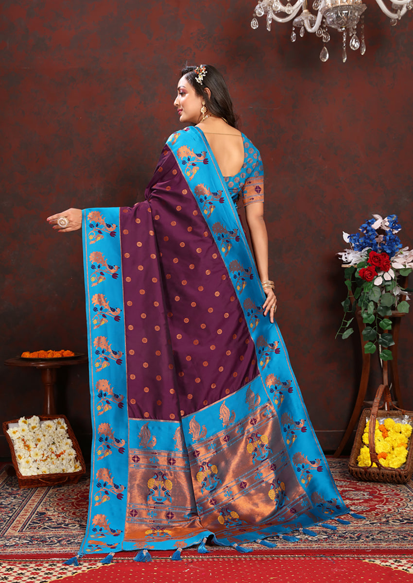 Lorenvalley Fashion Wine Soft Paithani Silk Woven Design Rich Zari Meenakari Weaving Saree