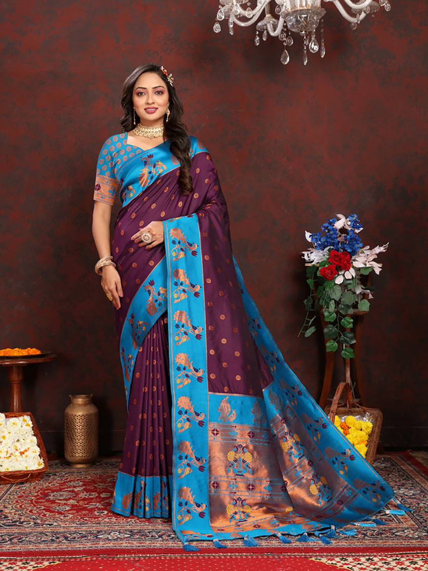 Lorenvalley Fashion Wine Soft Paithani Silk Woven Design Rich Zari Meenakari Weaving Saree