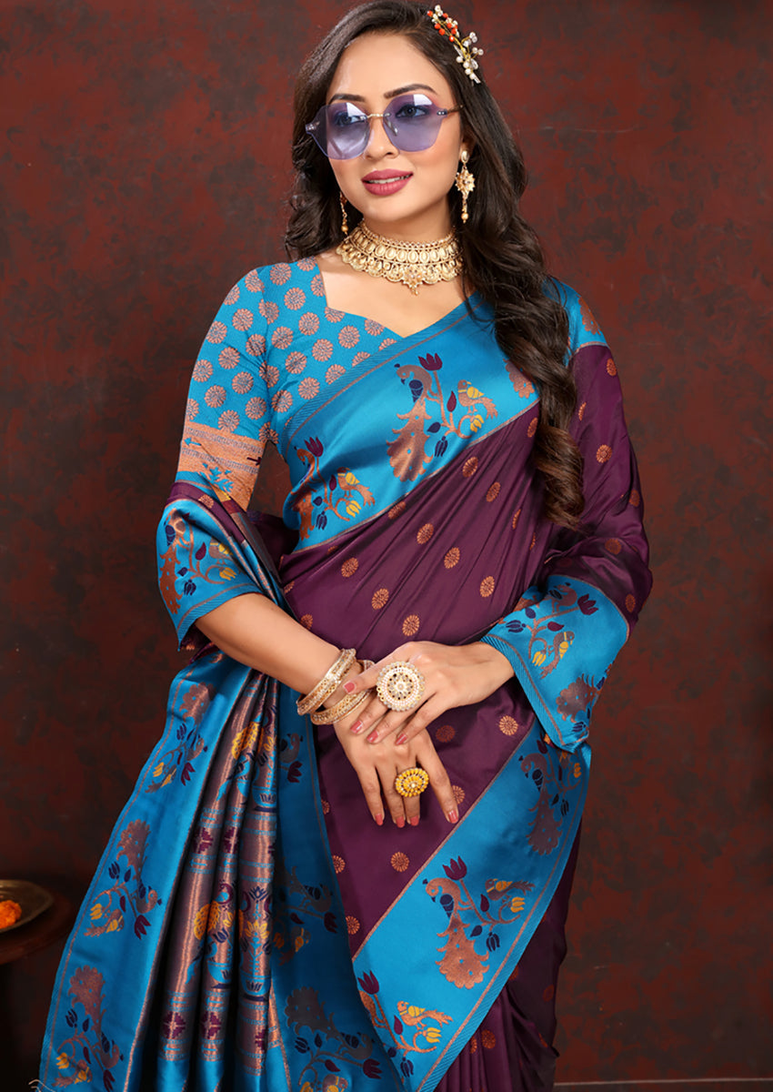 Lorenvalley Fashion Wine Soft Paithani Silk Woven Design Rich Zari Meenakari Weaving Saree