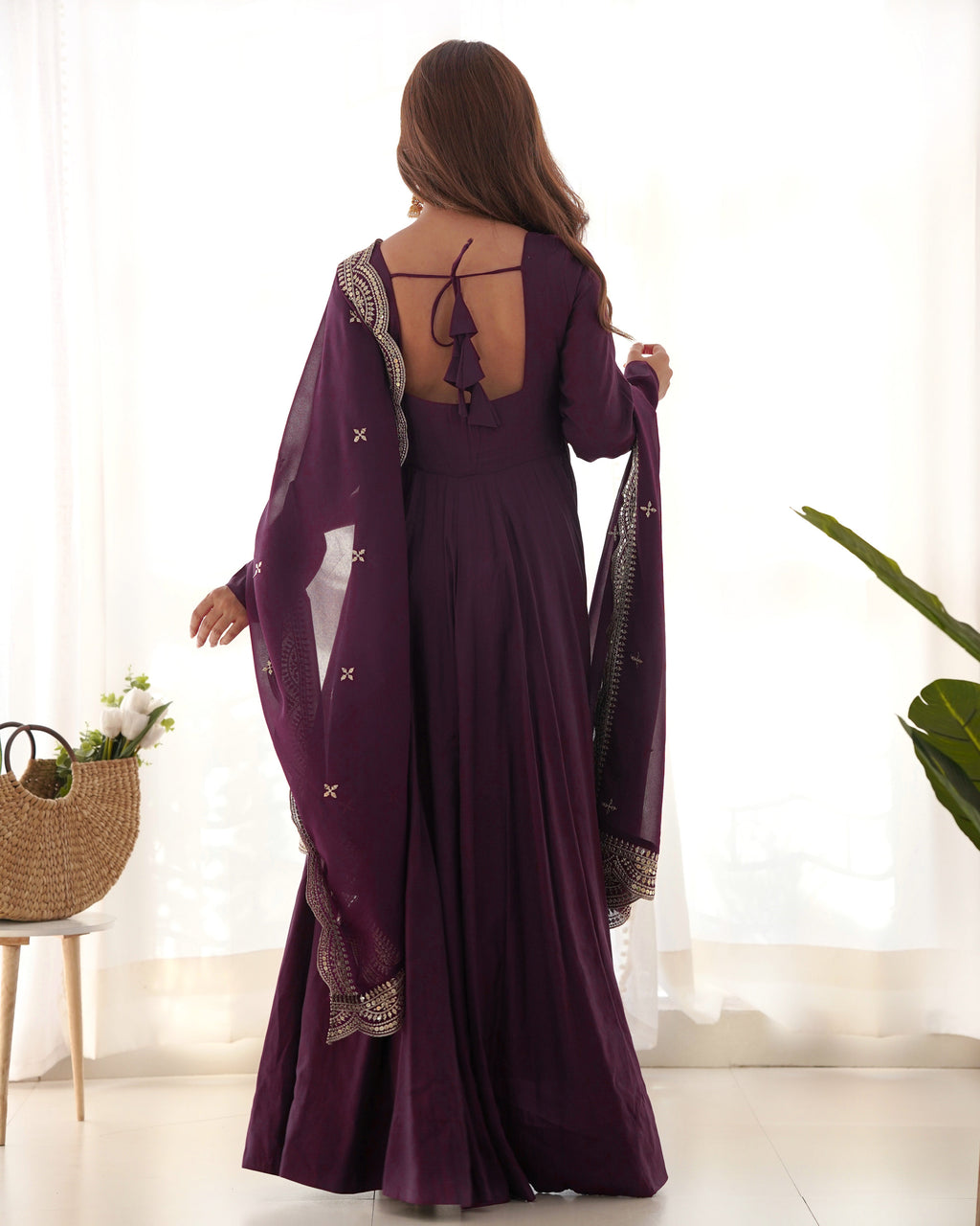 Lorenvalley Mauve Pure Roman Silk Chanderi Fabric Fully Flared Anarkali Pant With Dupatta Set - Wine