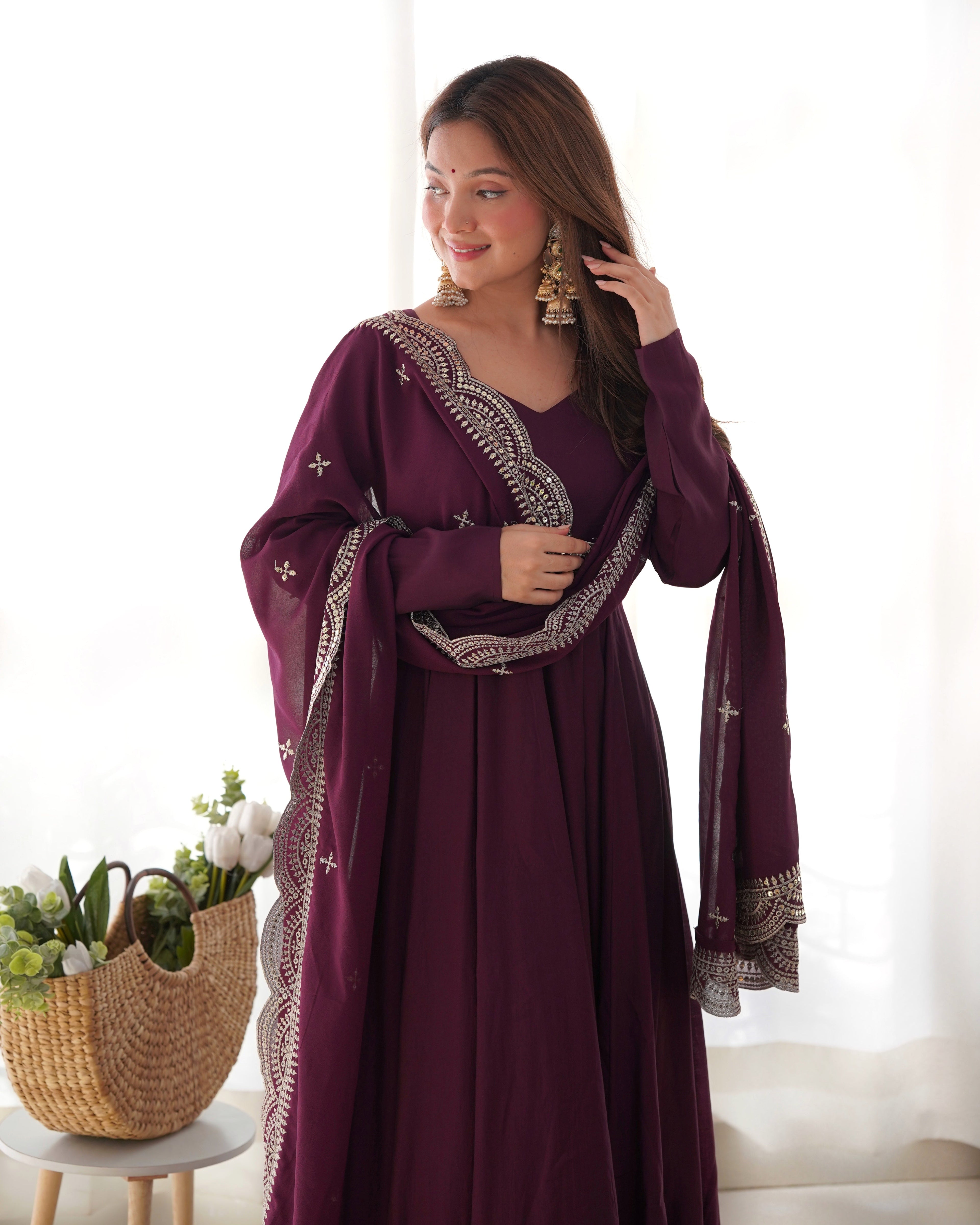 Lorenvalley Mauve Pure Roman Silk Chanderi Fabric Fully Flared Anarkali Pant With Dupatta Set - Wine