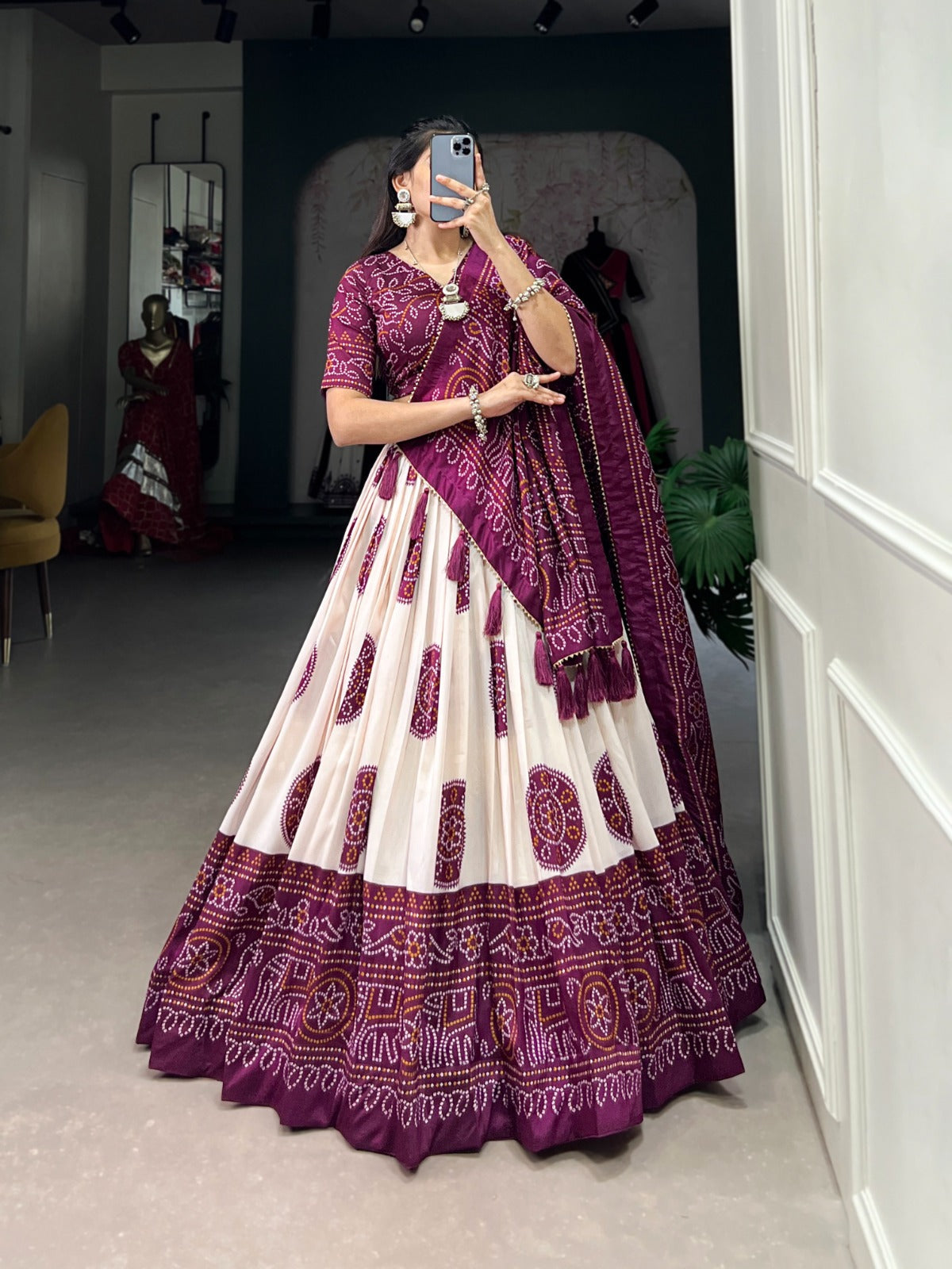 Lorenvalley Wine Tussar Silk with Bandhej Print Lehenga Choli