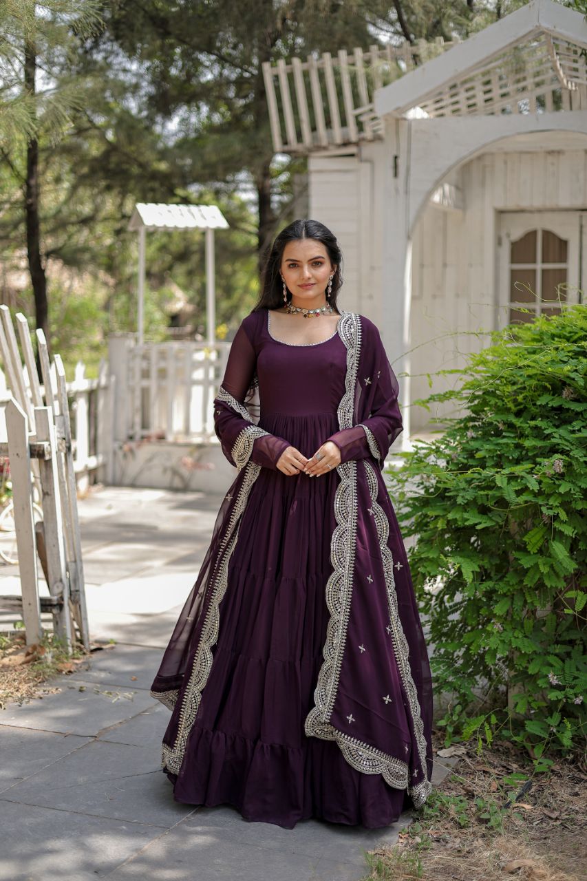 Evanik Wine Faux Blooming Gown With Dupatta With Rich Sequins Embroidered work