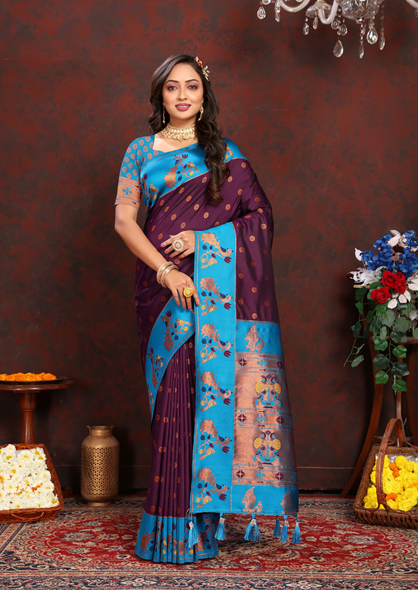 Lorenvalley Fashion Wine Soft Paithani Silk Woven Design Rich Zari Meenakari Weaving Saree