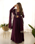 Lorenvalley Mauve Pure Roman Silk Chanderi Fabric Fully Flared Anarkali Pant With Dupatta Set - Wine