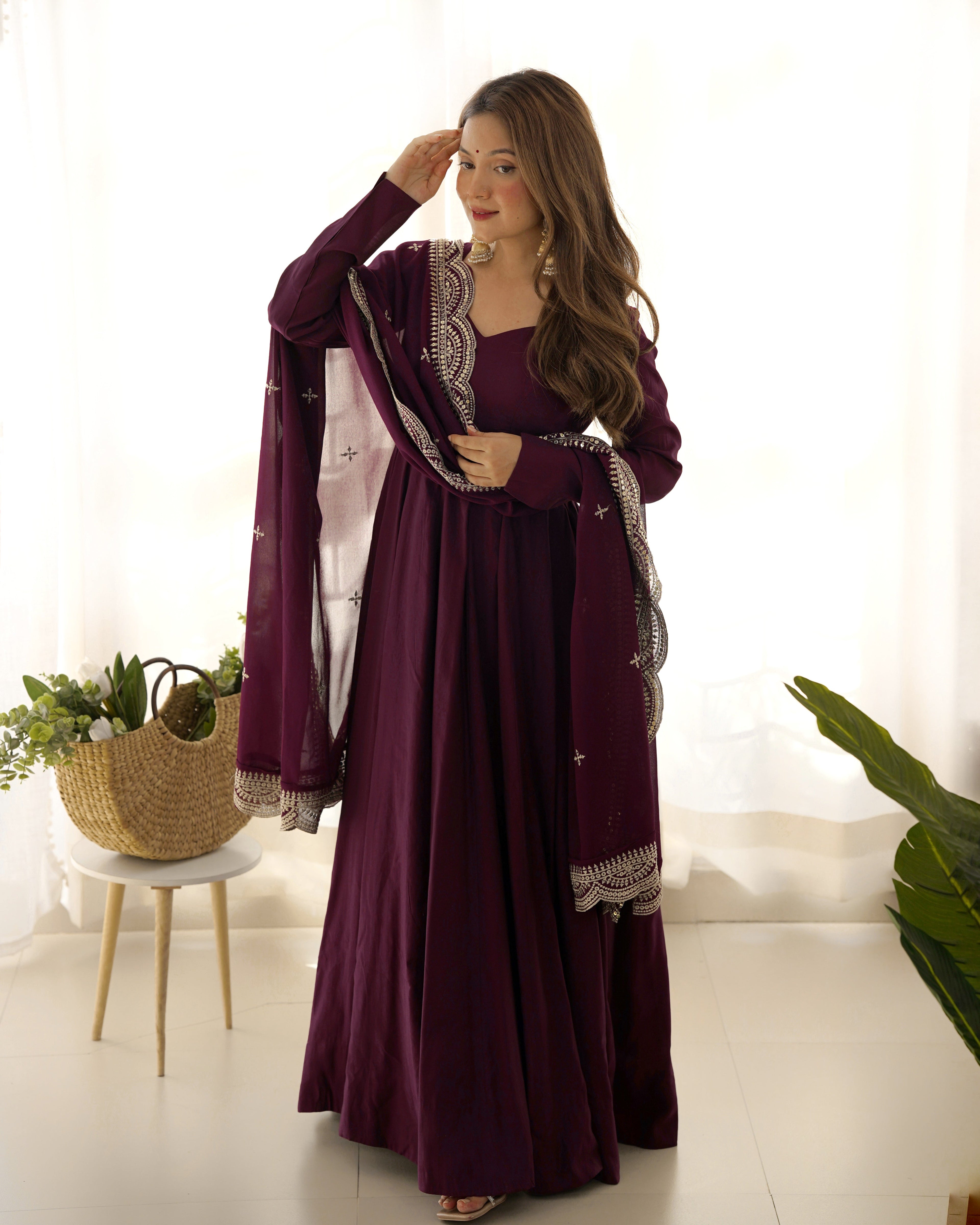 Lorenvalley Mauve Pure Roman Silk Chanderi Fabric Fully Flared Anarkali Pant With Dupatta Set - Wine