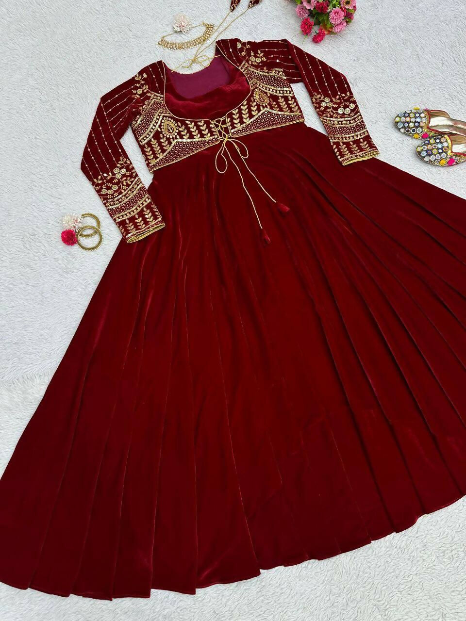 Vastranavya Maroon Velvet Thread With Sequence Work Gown With Koti