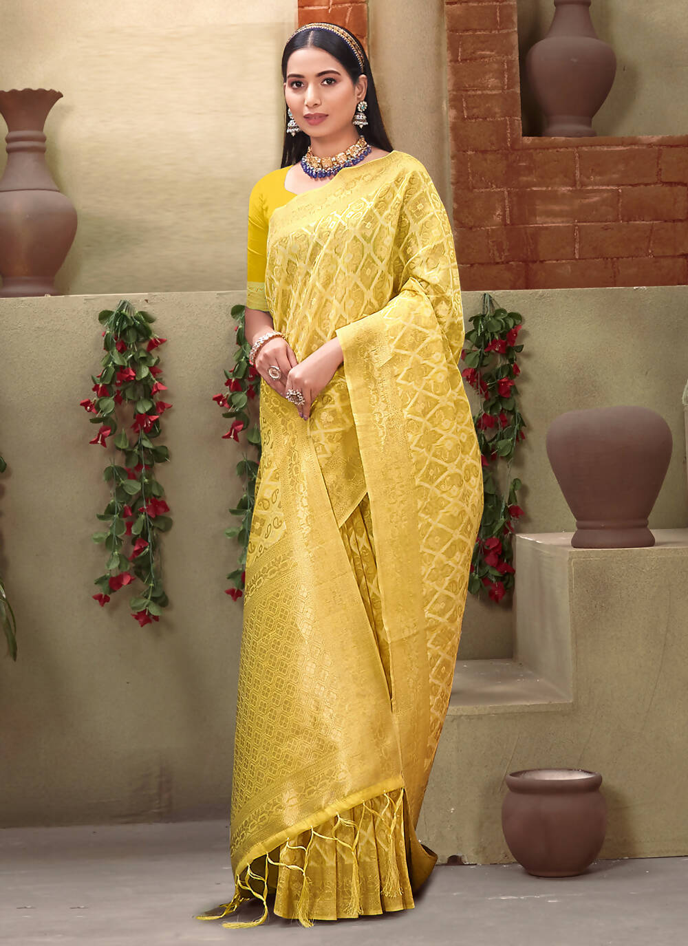 Yellow Cotton Zari Woven Design Saree with Unstitched Blouse Piece - Aachal