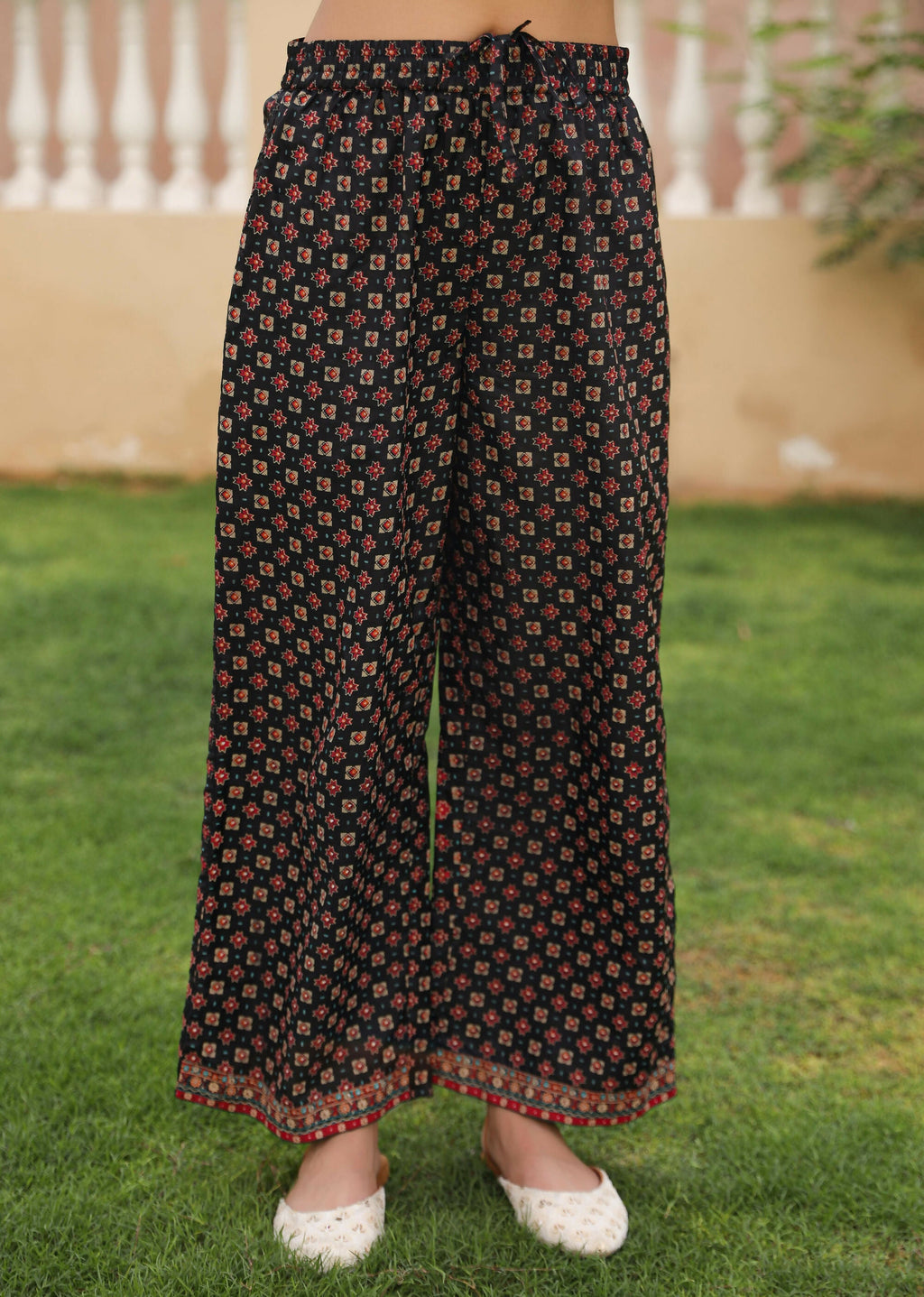 Juniper Women's Black Ethnic Motif Printed Rayon Kurta Palazzo And Dupatta With Mirror & Thread Work