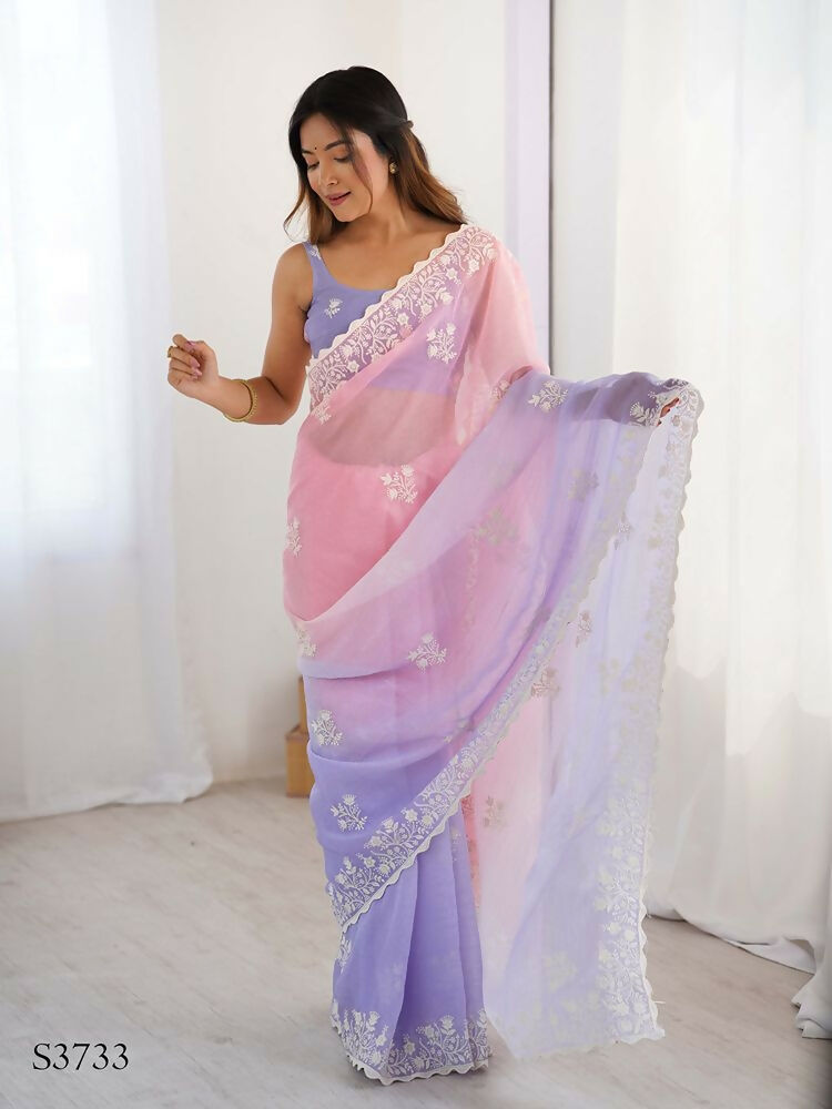 Light Pink Crunchy Silk Embroidery Work Party Wear Saree - Lakshita