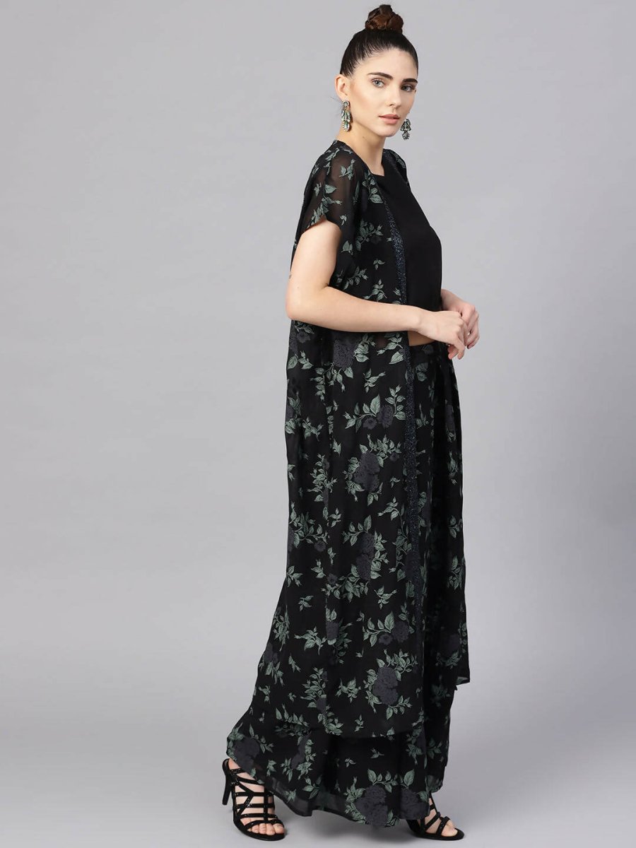 Ahalyaa Black Georgette Crepe Printed Top Palazzo Set With Jacket