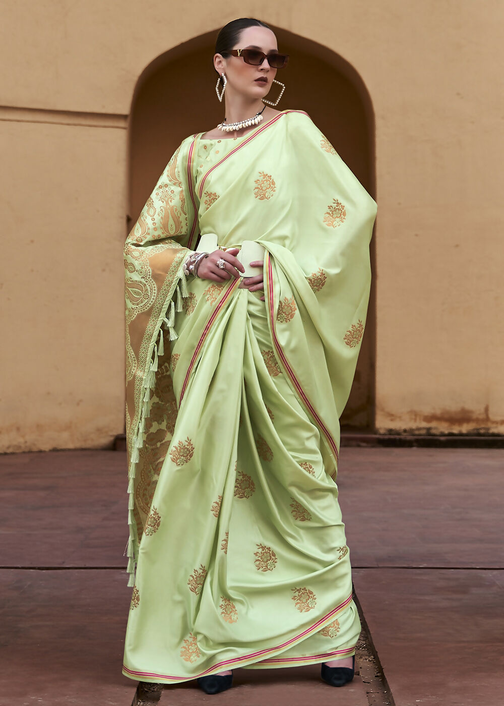 Sprout Green Pure Satin Zari Weaving Wedding Festive Saree - Emponline